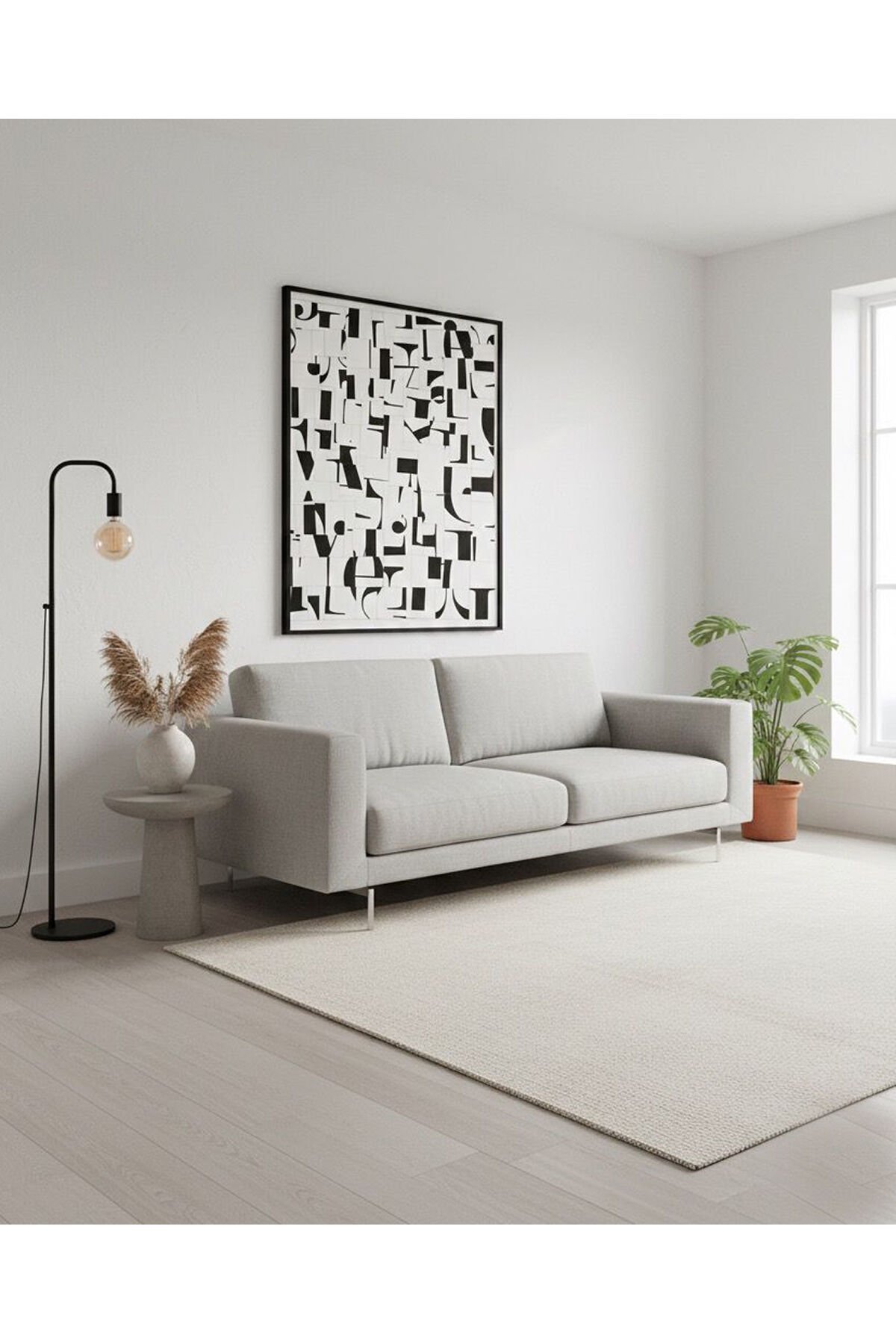 Tekli Siyah Metal Çerçeve Beyaz Grafik Camlı Tablo Seti