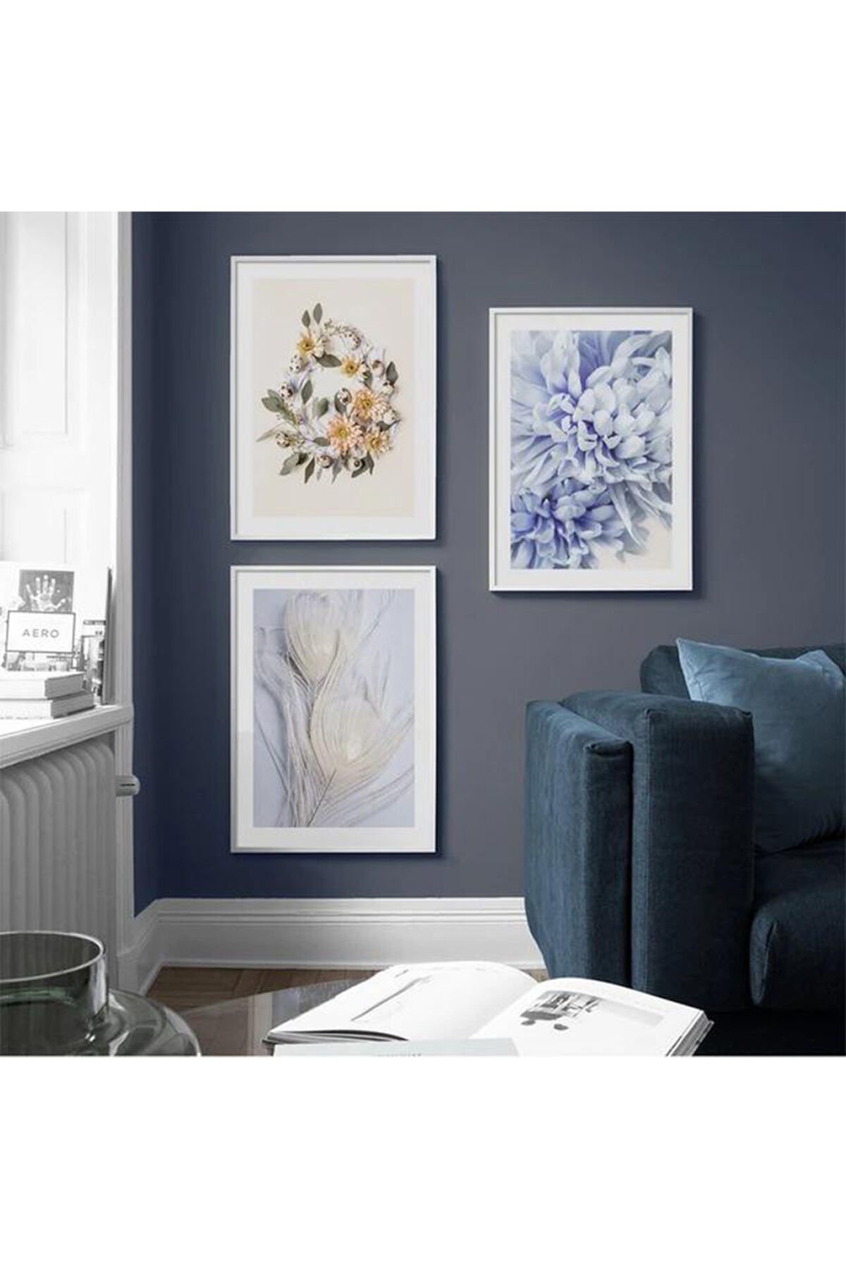 Üçlü Beyaz Metal Çerçeve Lila Tüy Çiçek Cam Tablo Seti