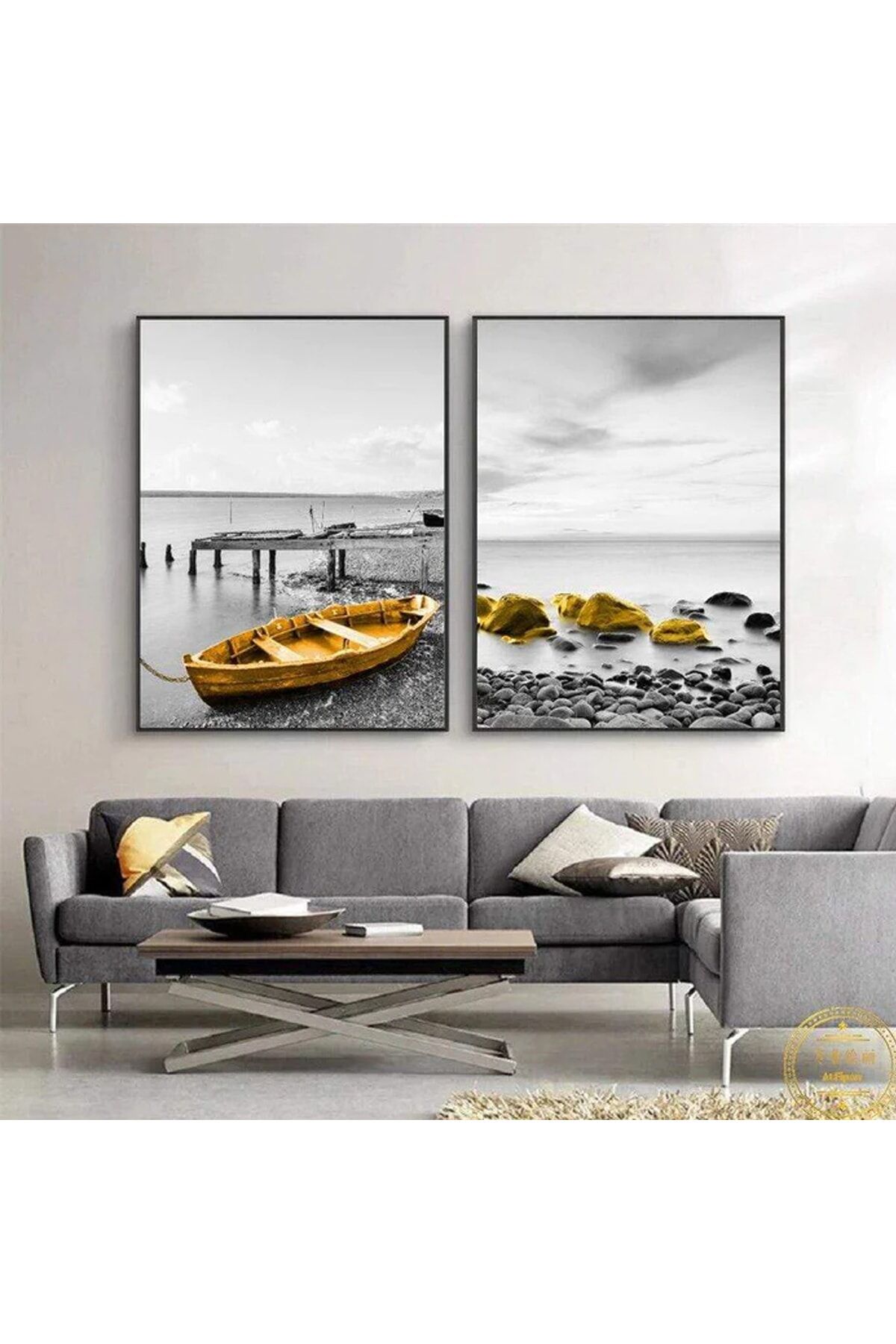 Ikili Siyah Alüminyum Metal Çerçeveli Sarı Kayık Doğa Deniz Camlı Poster Tablo Seti