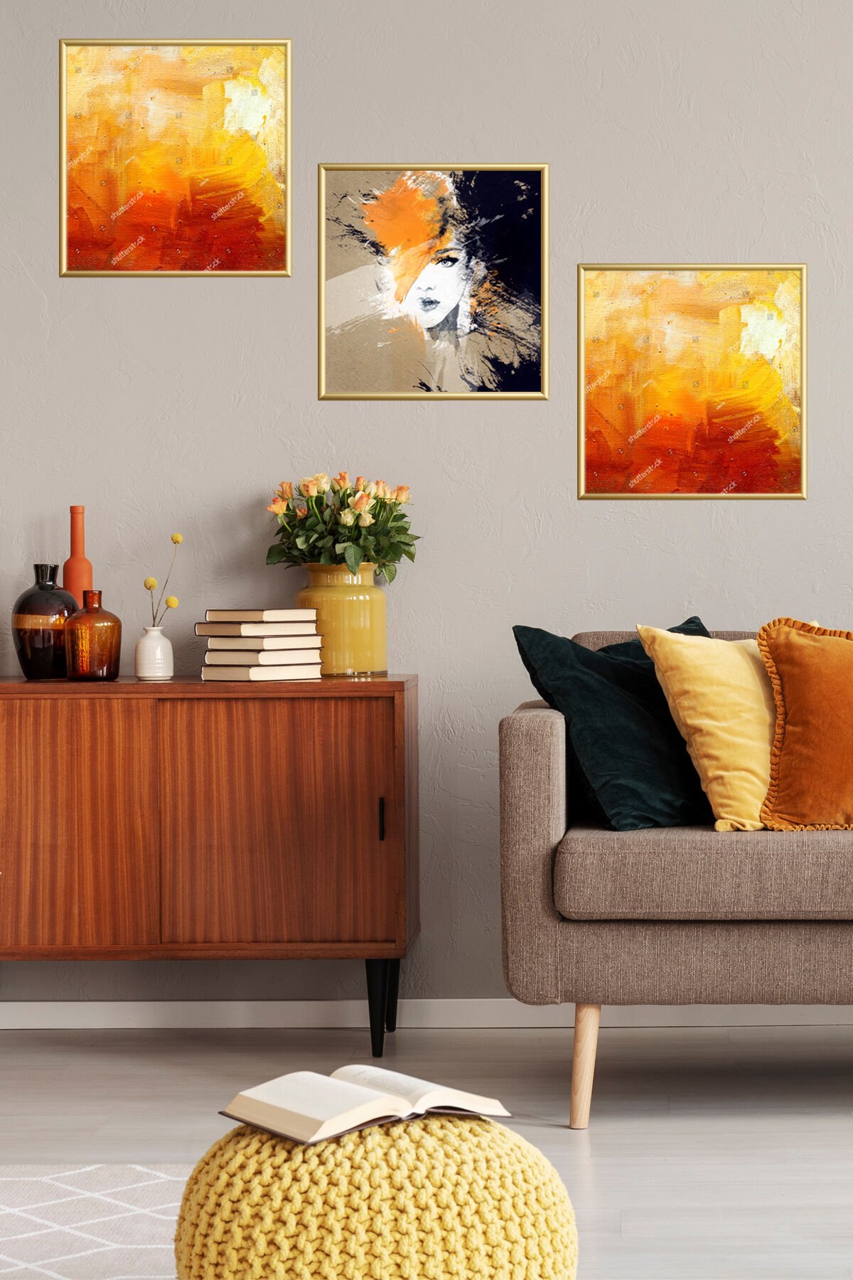 Üçlü Gold Alüminyum Çerçeveli Kare Camlı Turuncu Sarı Poster Seti