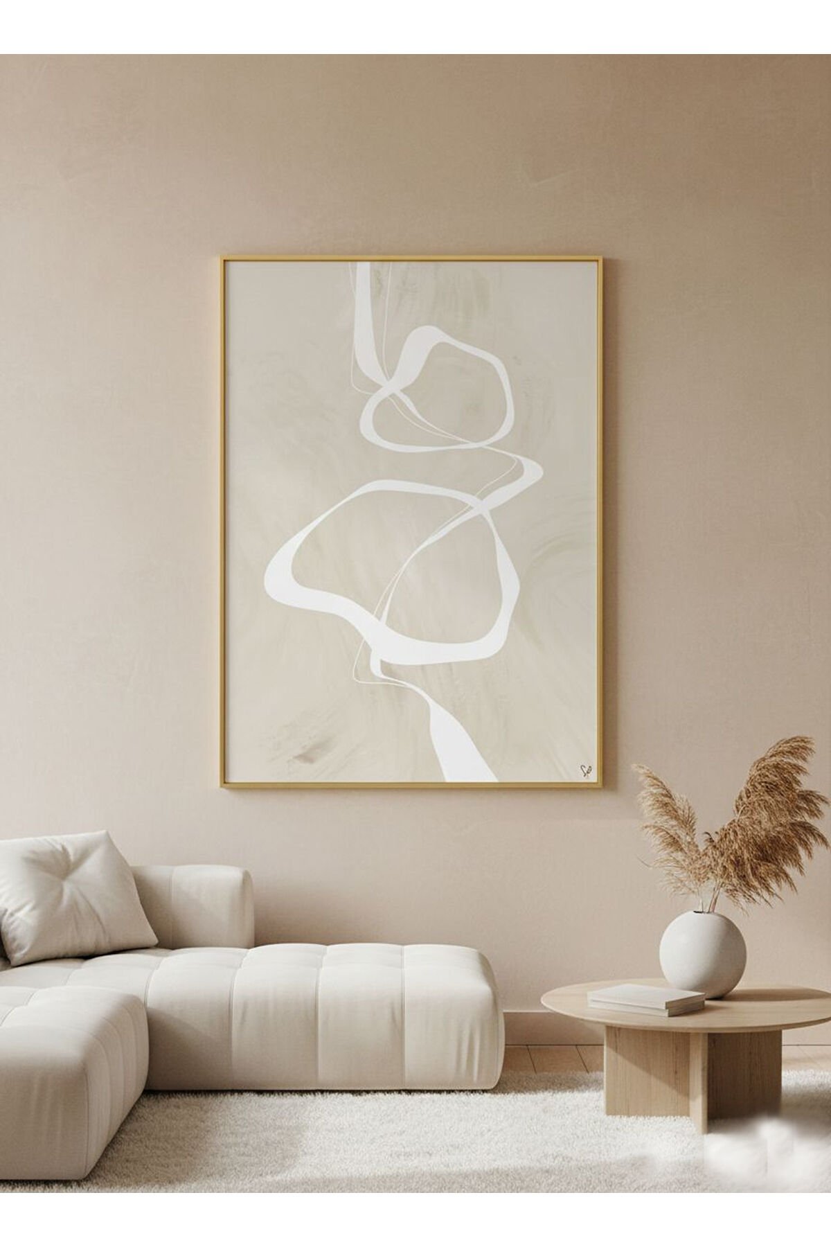 Tekli Gold Metal Krem Bej Camlı Tablo Seti