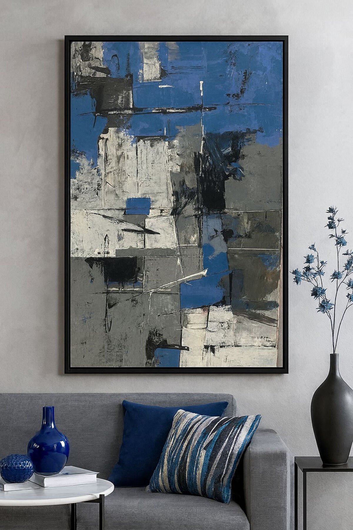 Tekli Siyah Metal Çerçeve Mavi Gri Camlı Tablo Seti