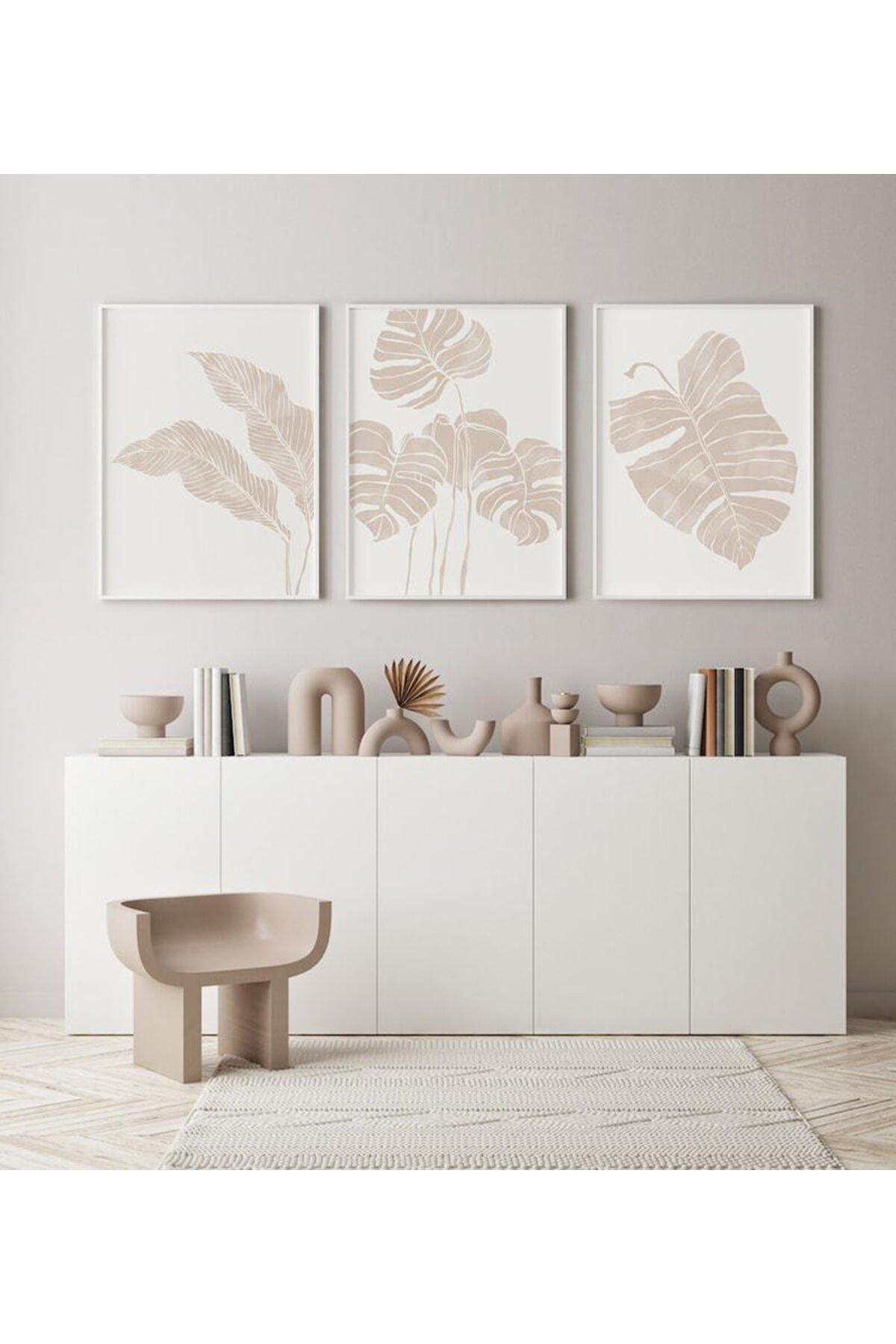 Üçlü Beyaz Metal Çerçeve Bej Yaprak Cam Tablo Seti