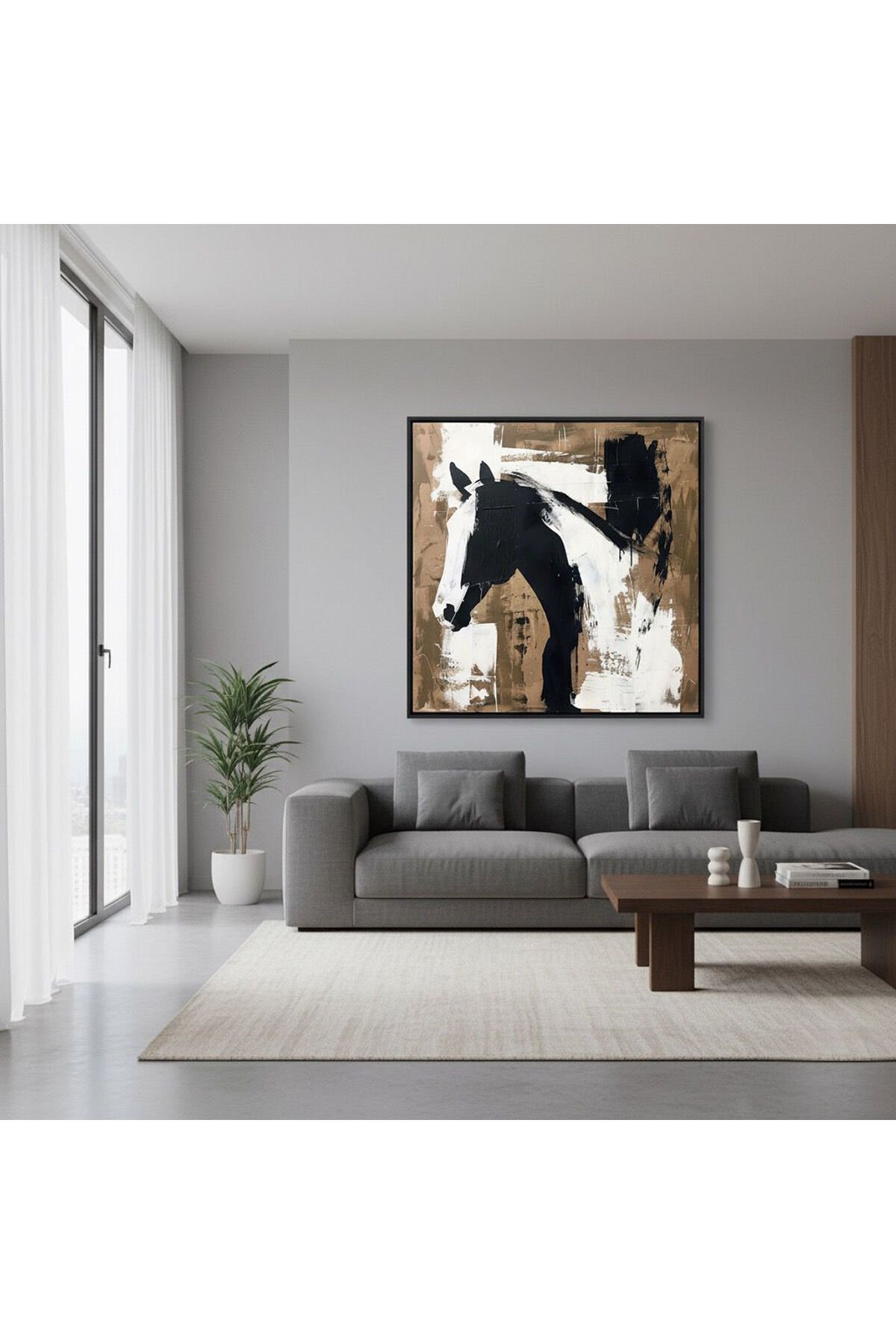 Tekli Siyah Metal Çerçeve Kare At Beyaz Camlı Tablo Seti
