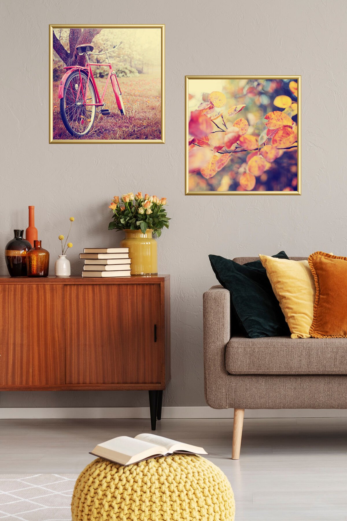 2li Metal Kare Çerçeveli Bisiklet Doğa Camlı Tablo Seti