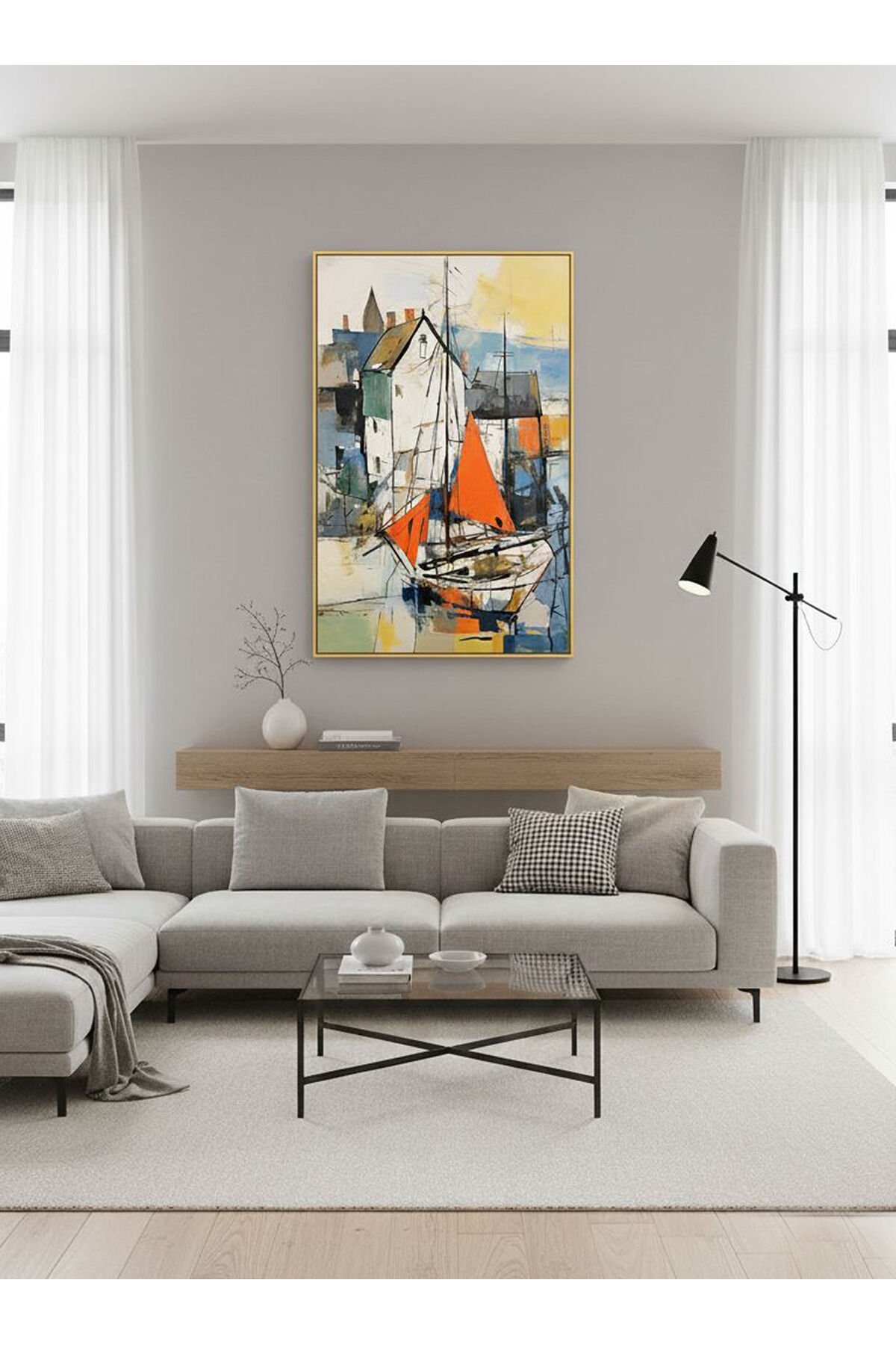 Tekli Gold Metal Kayık Deniz Camlı Tablo Seti