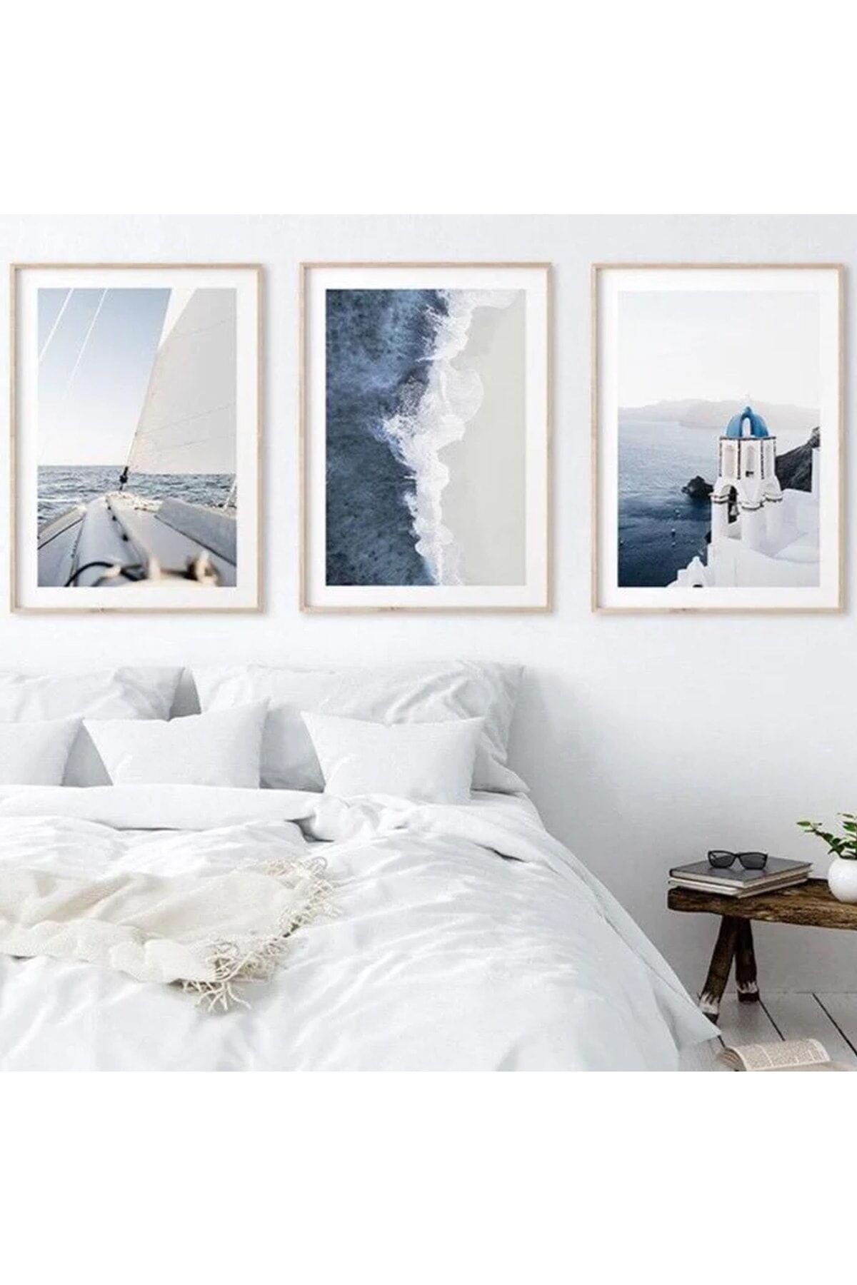 Üçlü Gümüş Alüminyum Metal Çerçeveli Mimari Yel Değirmeni Mavi Camlı Poster Tablo Seti