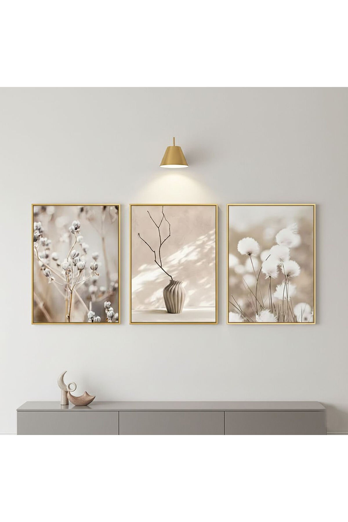Üçlü Gold Metal Çerçeve Saksı Soft Doğal Poster Camlı Tablo Seti