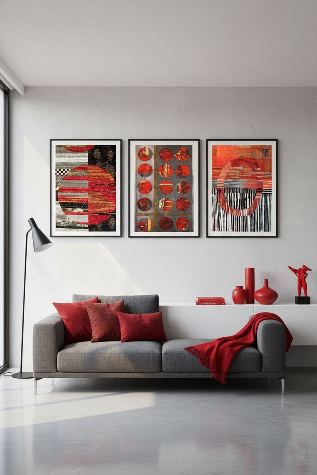 Üçlü Siyah Metal Kırmızı Beyaz Tasarım Poster Camlı Tablo Seti