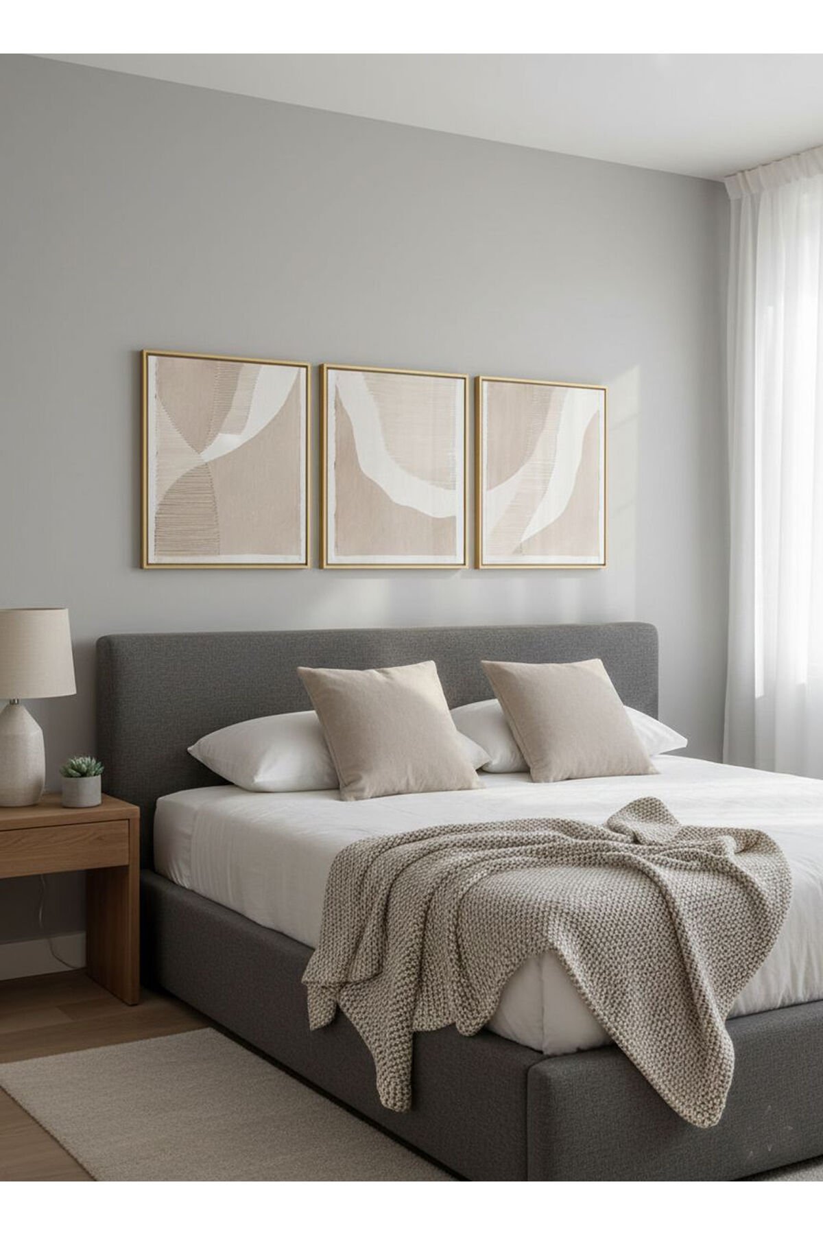 Üçlü Gold Metal Çerçeve Soft Desen Krem Bej Poster Camlı Tablo Seti