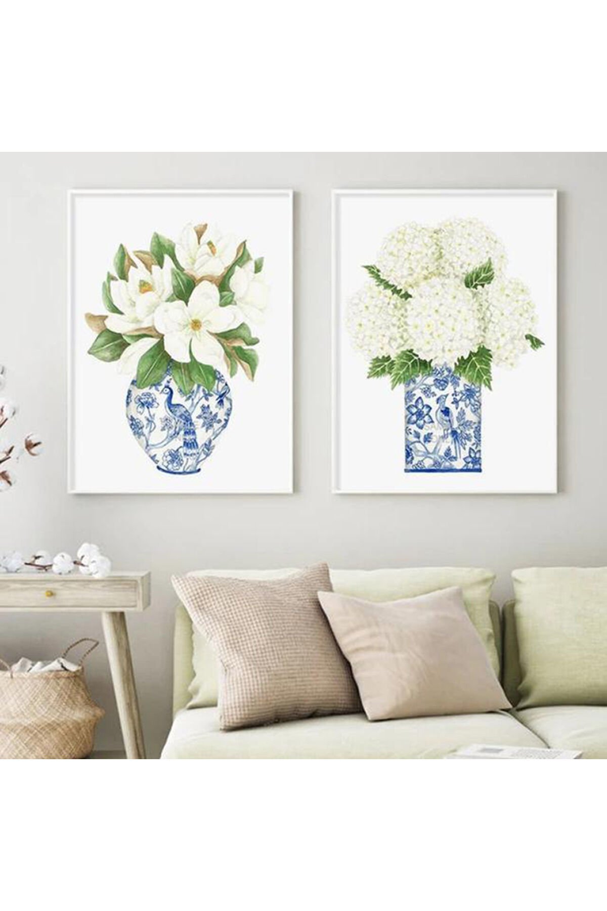 İkili Beyaz Metal Çerçeveli Blue Blanc Saksı Cam Tablo Seti