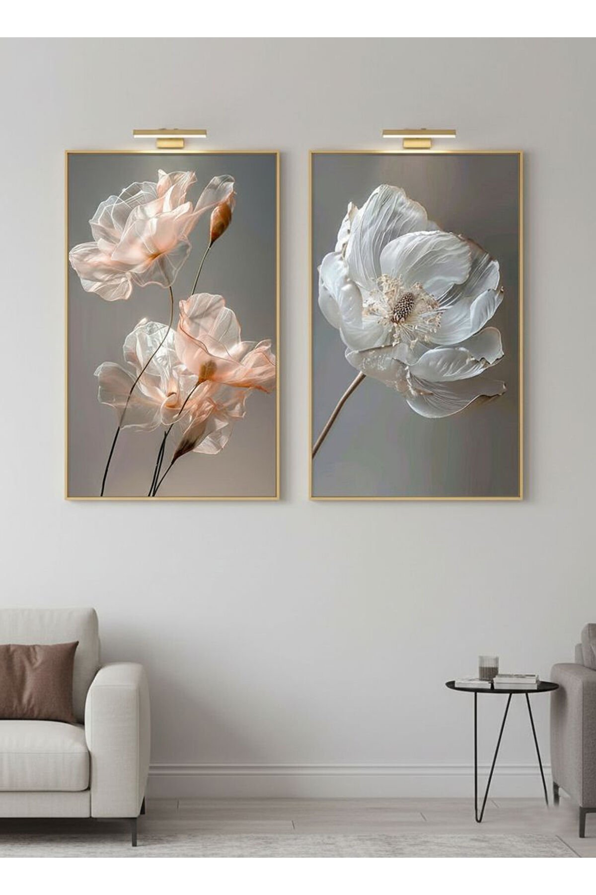 2li Gold Metal Çerçeve Gri Çiçek Camlı Poster Tablo Seti