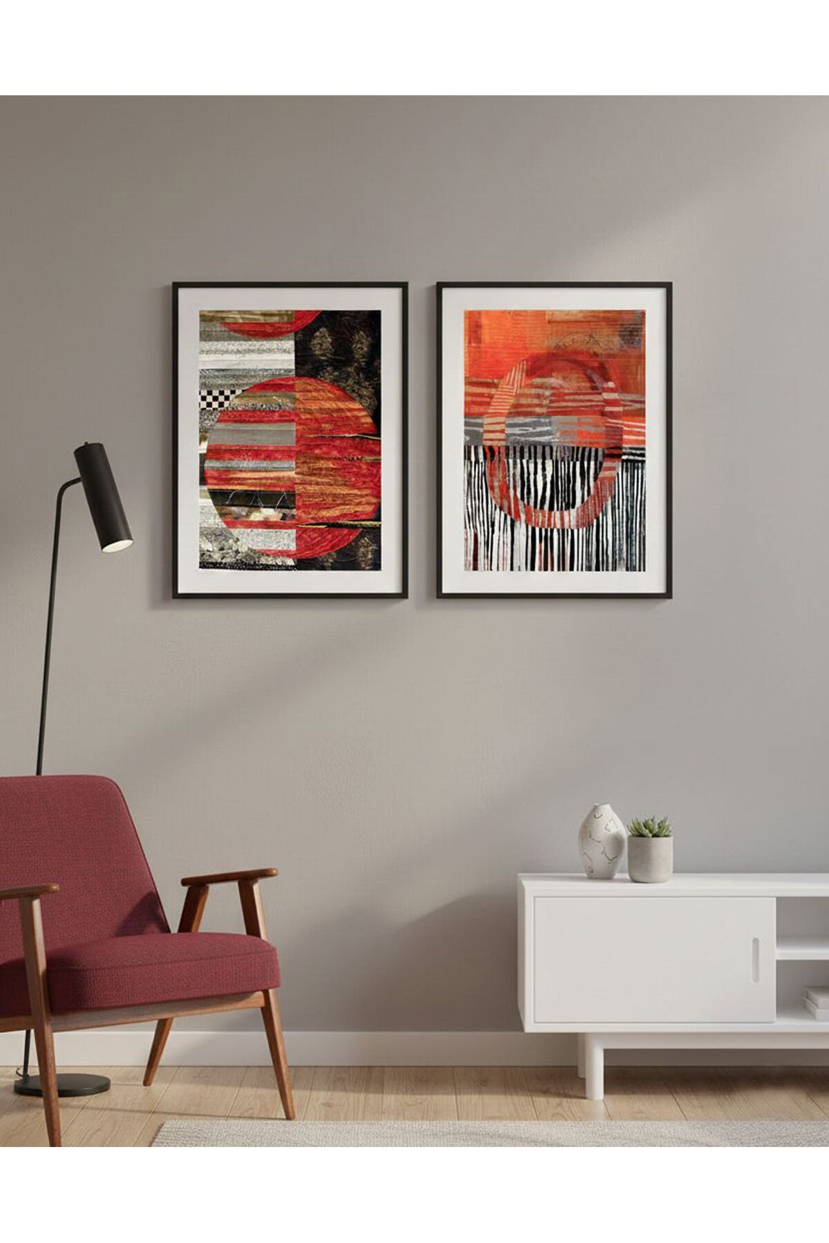 İkili Siyah Metal Çerçeve Kırmızı Afrika Desen Camlı Tablo Seti