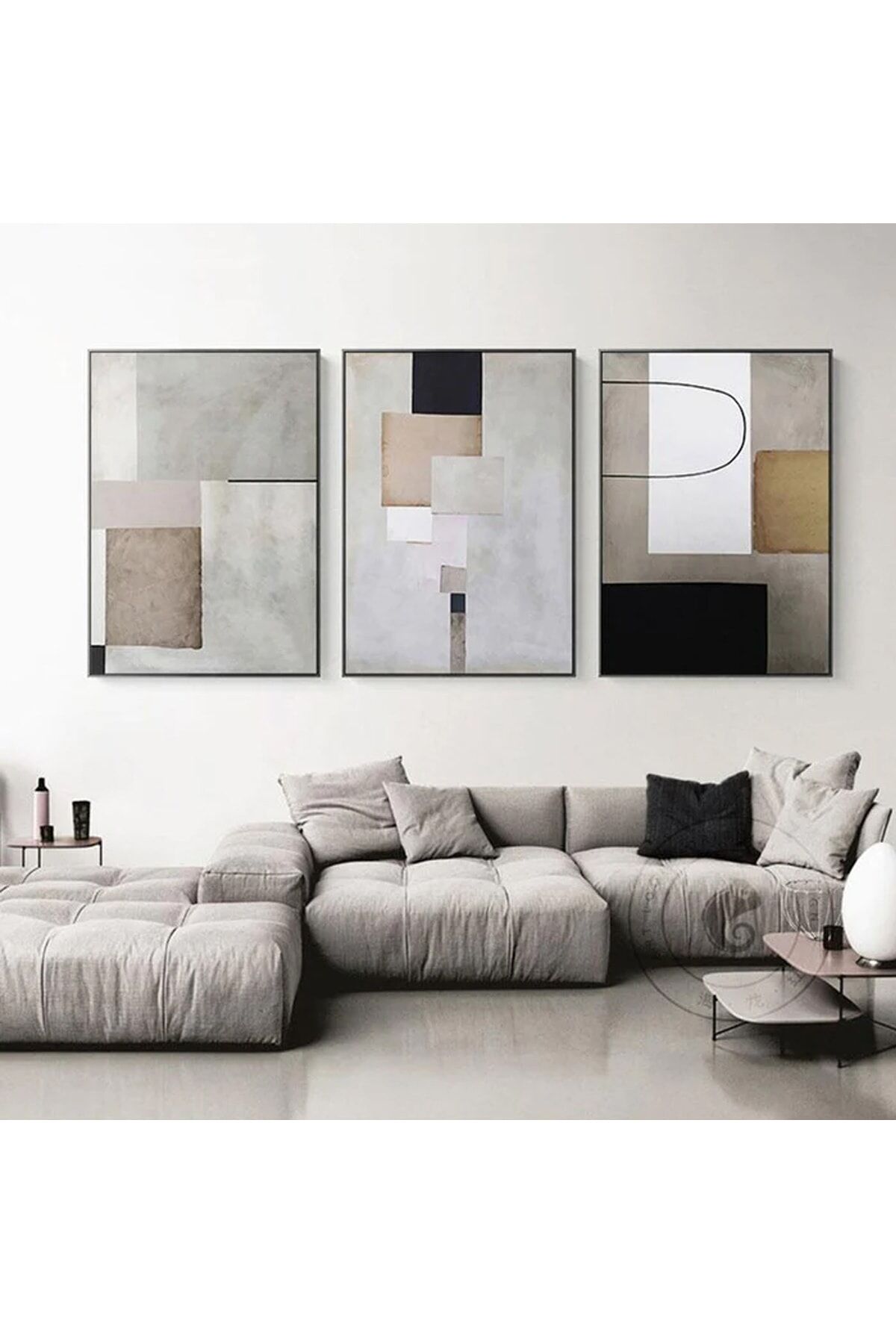Üçlü Siyah Metal Çerçeveli Kahverengi Gri Geometrik Soyut Camlı Poster Tablo Seti