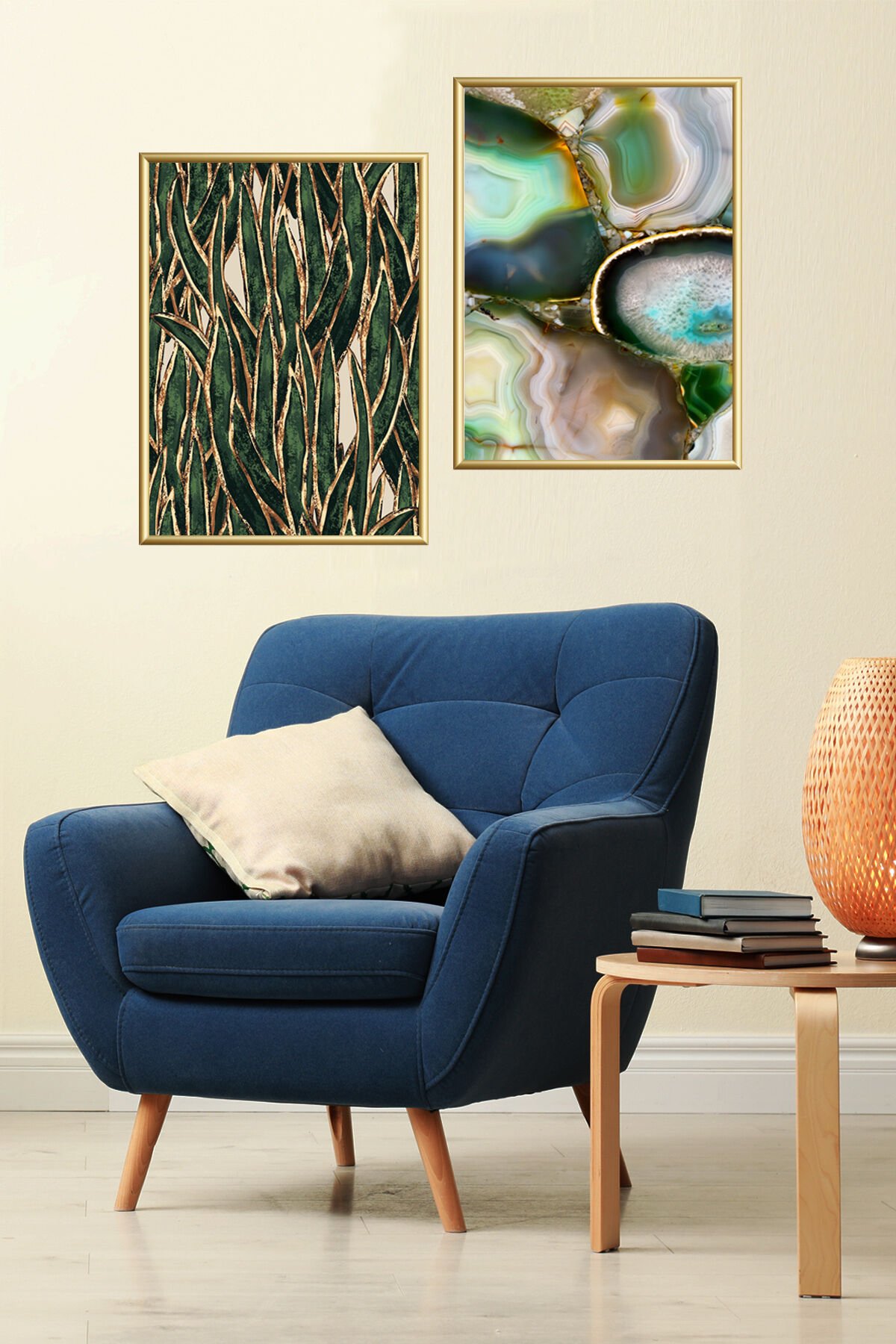 Doğal Taş Gold Yeşil Alüminyum Çerçeveli 2li Tablo Seti