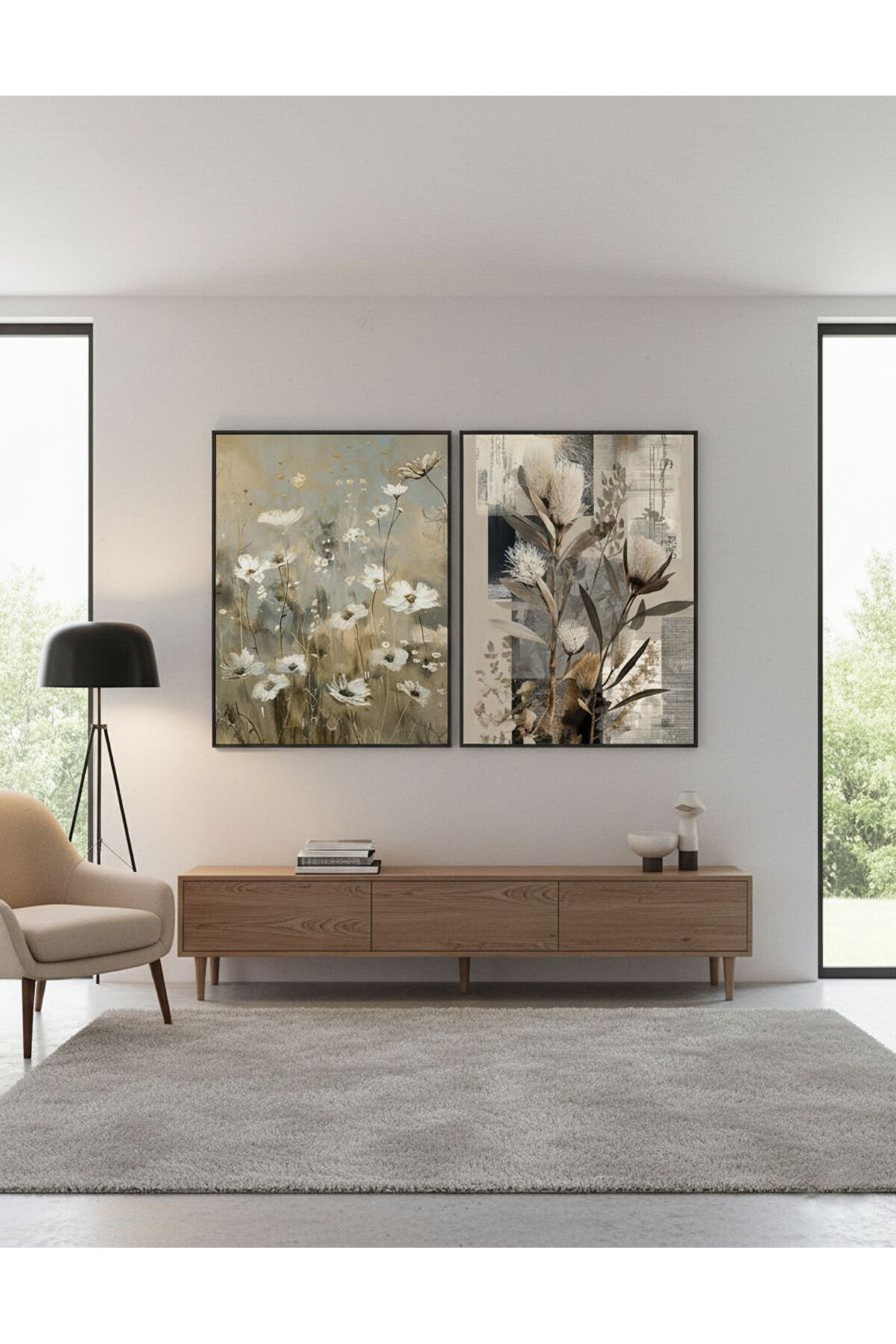 İkili Siyah Metal Çerçeve Gri Çiçek Camlı Tablo Seti