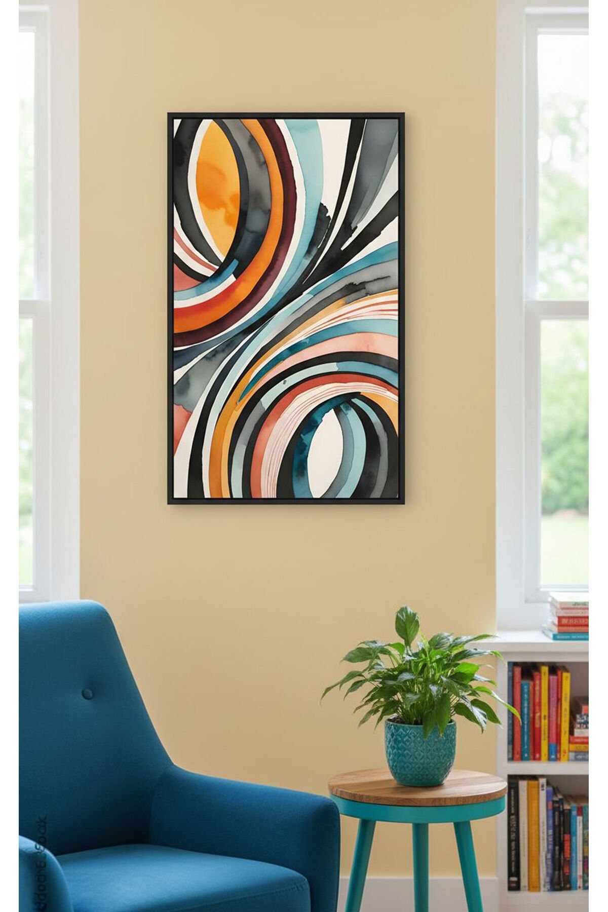 Tekli Siyah Metal Çerçeve Renkli Mavi Sarı Camlı Tablo Seti