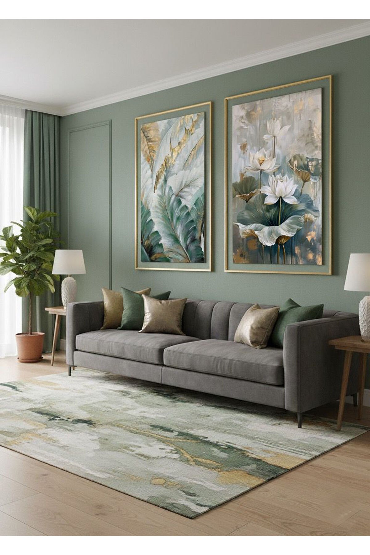 2li Gold Metal Çerçeve Yeşil Çiçek Camlı Tablo Seti Gold - 40 X 60