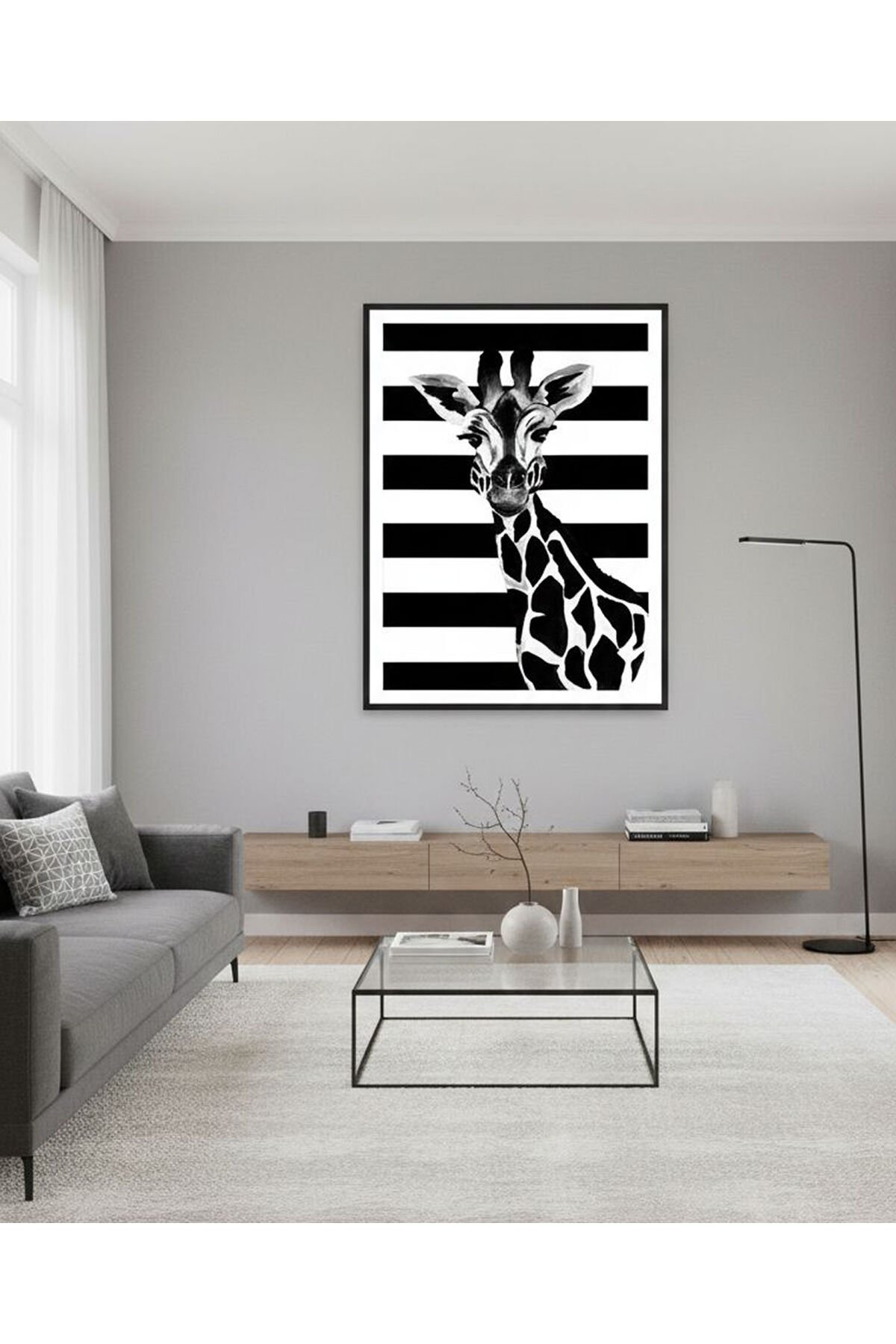 Tekli Siyah Metal Çerçeve Beyaz Zebra Camlı Tablo Seti