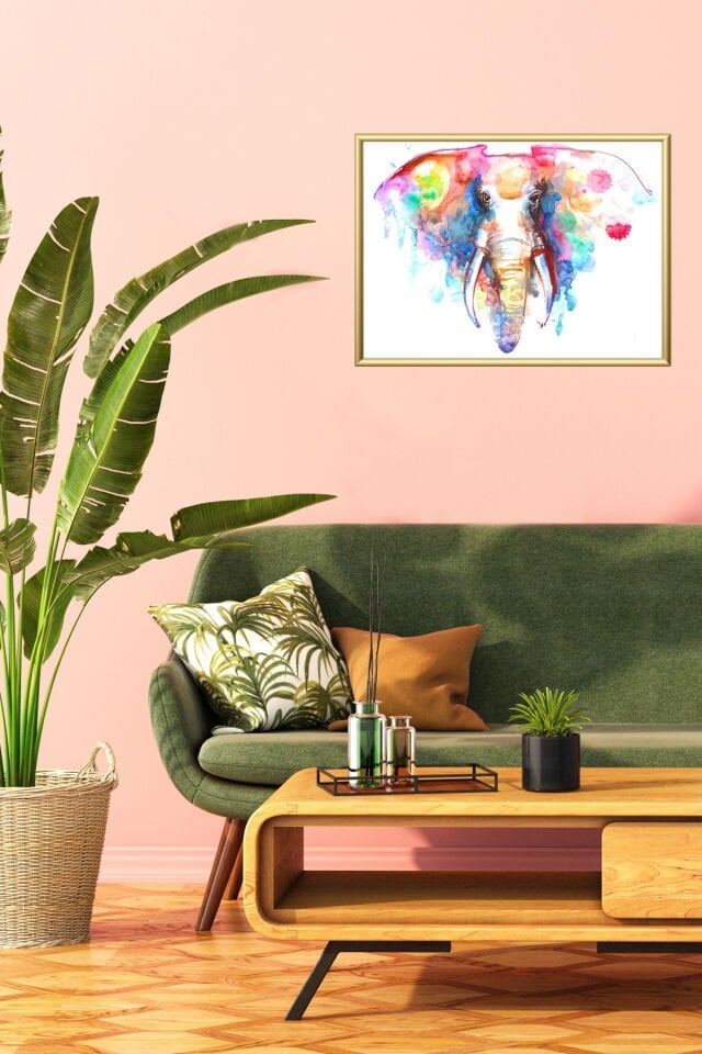 Gold Alüminyum Metal Fil Hayvanlar Camlı Çerçeveli Poster