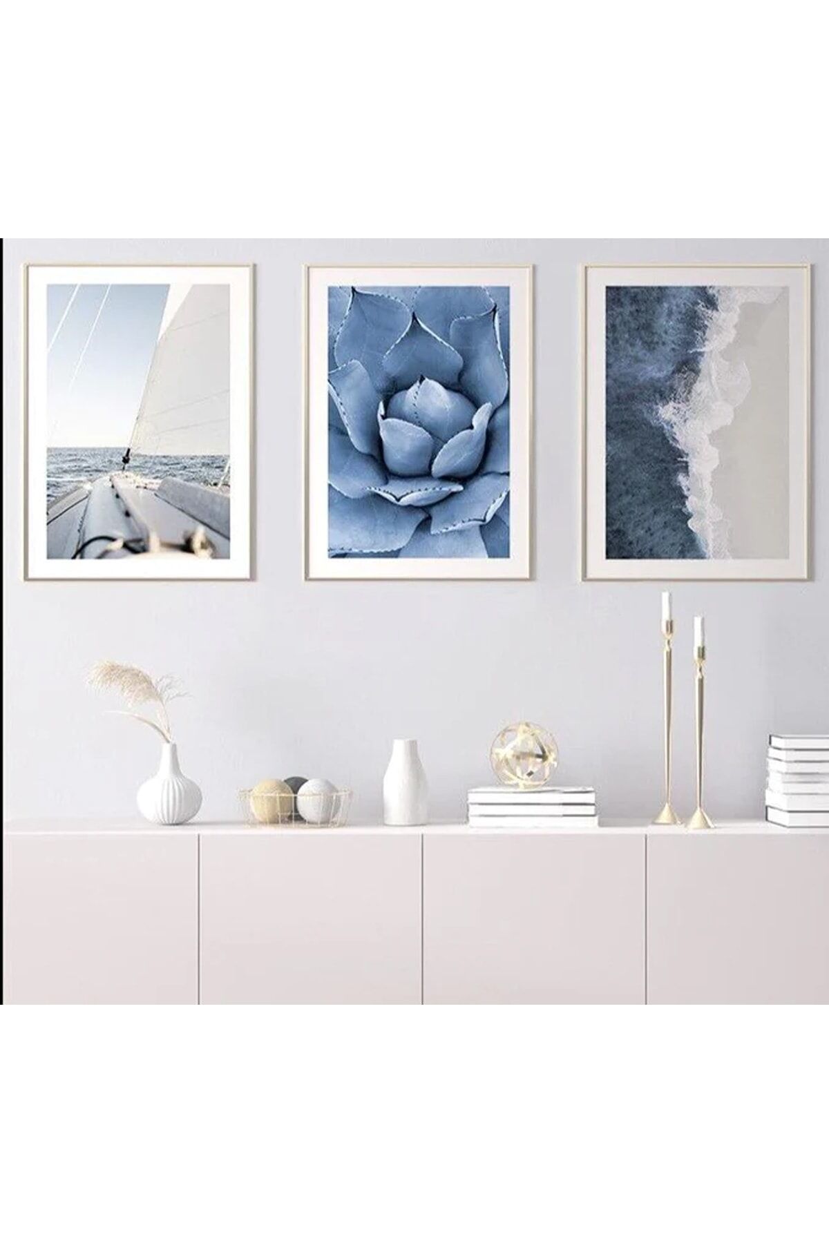 Üçlü Gümüş Alüminyum Metal Çerçeveli Mavi Deniz Yelkenli Soft Camlı Poster Tablo Seti