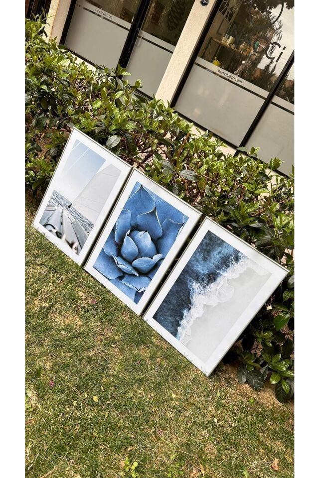 Üçlü Gümüş Alüminyum Metal Çerçeveli Mavi Deniz Yelkenli Soft Camlı Poster Tablo Seti