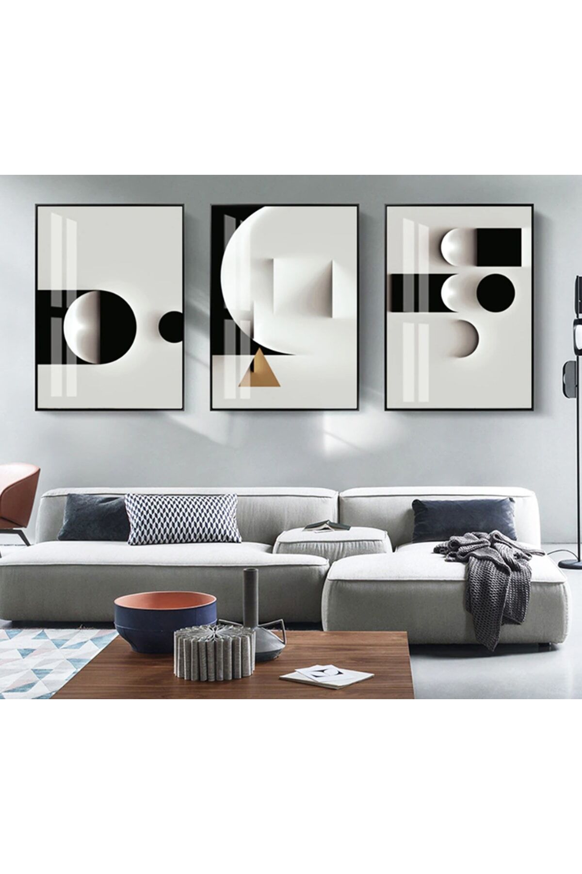 Üçlü Siyah Alüminyum Metal Çerçeveli Dairesel Siyah Beyaz Camlı Poster Tablo Seti