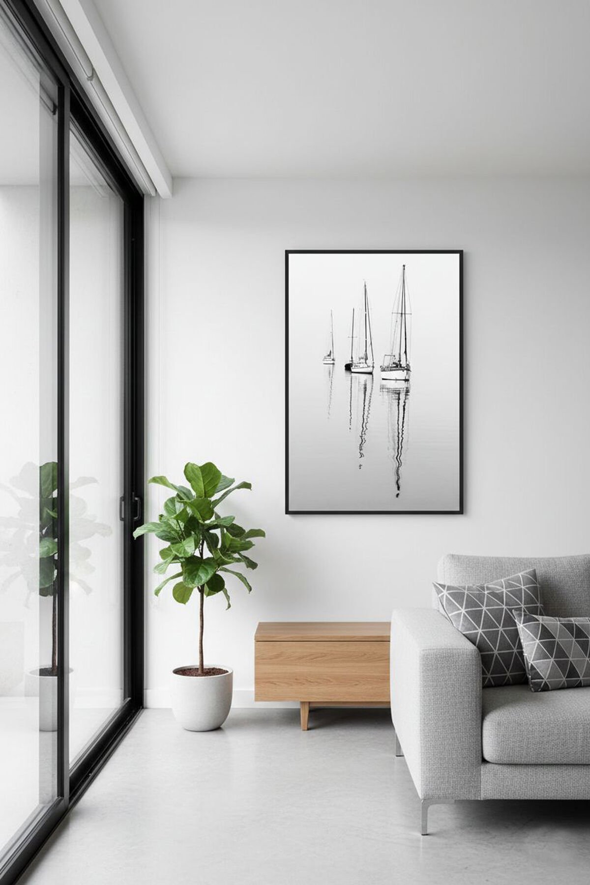 Tekli Siyah Metal Çerçeve Beyaz Yelkenli Deniz Camlı Tablo Seti