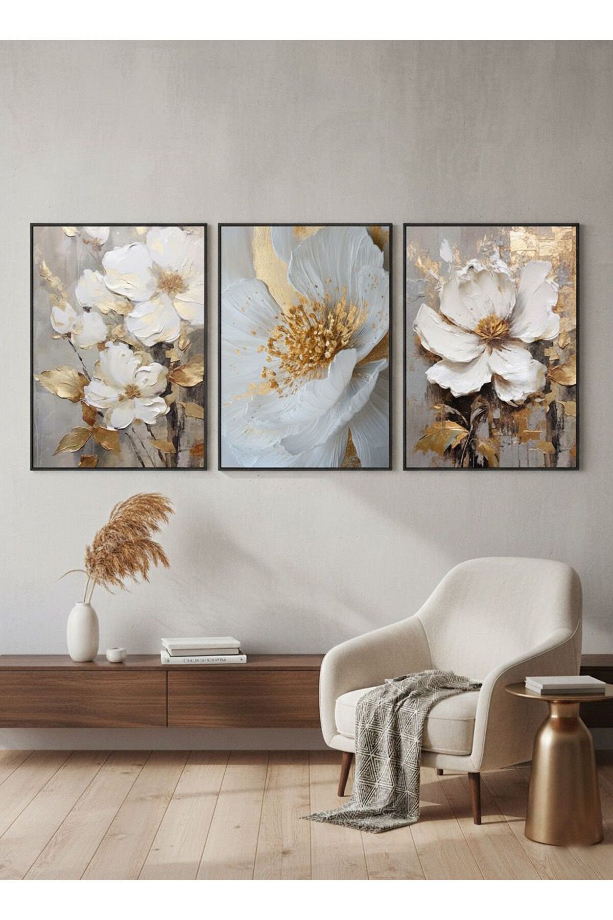 3lü Siyah Metal Çerçeve Gold Çiçek Cam Tablo Seti Si̇yah - 60 X 90