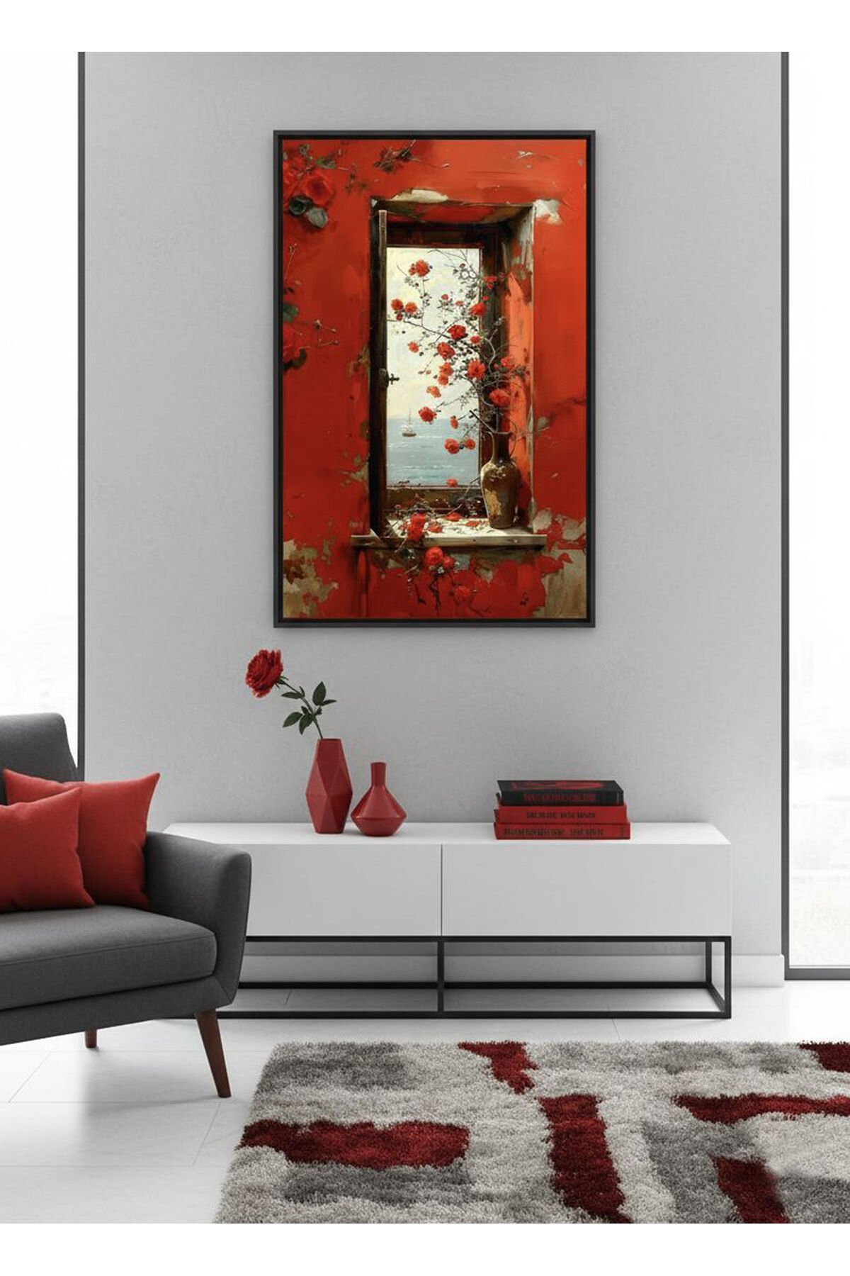 Tekli Siyah Metal Çerçeve Kırmızı Pencere Huzur Camlı Tablo Seti