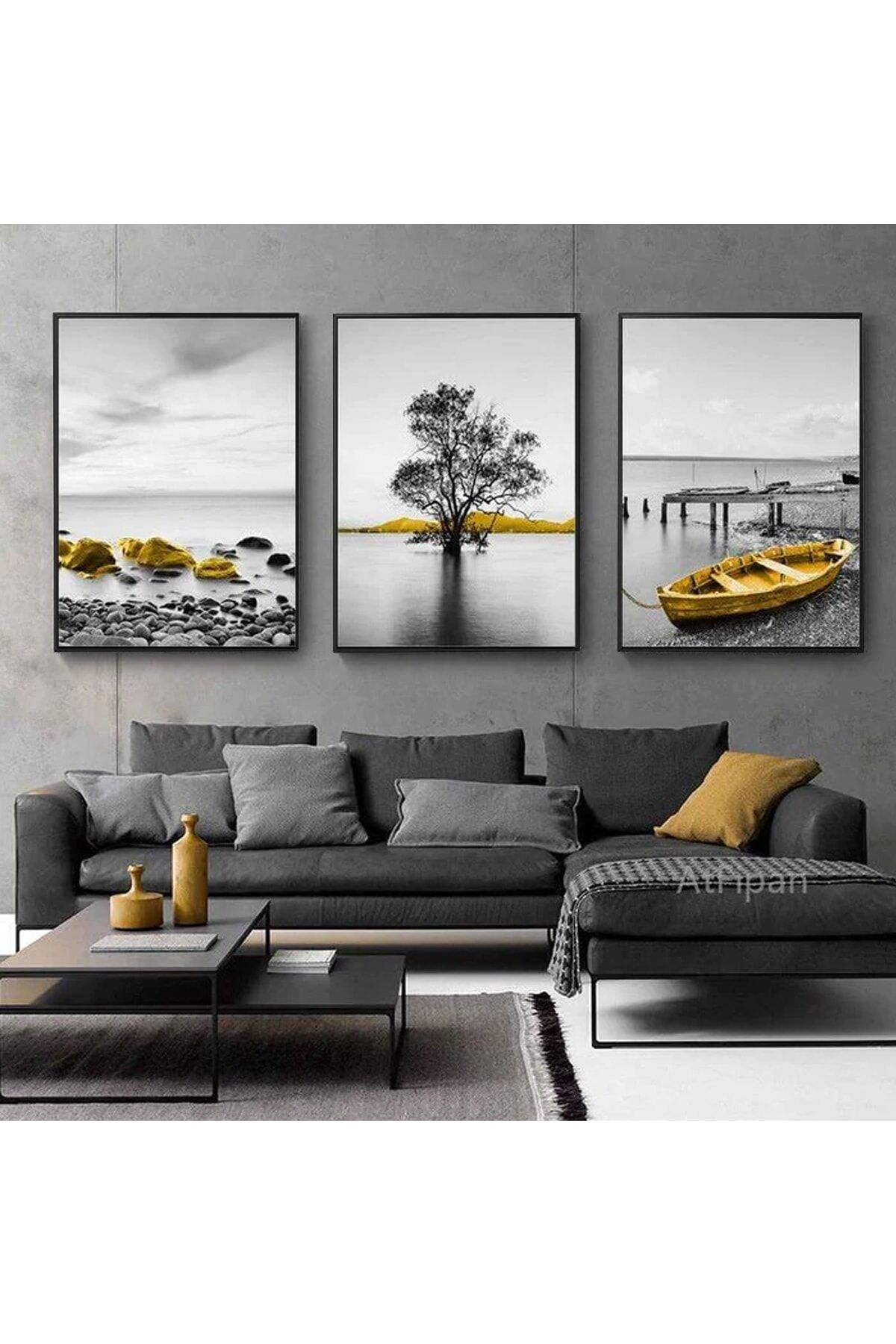 Üçlü Siyah Alüminyum Metal Çerçeveli Siyah Sarı Kayık Camlı Poster Tablo Seti