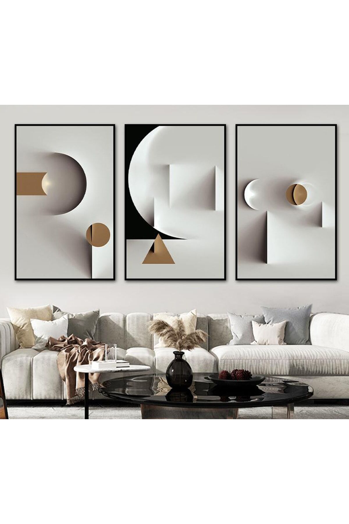 Üçlü Siyah Alüminyum Metal Çerçeveli Geometrik Beyaz Camlı Poster Tablo Seti