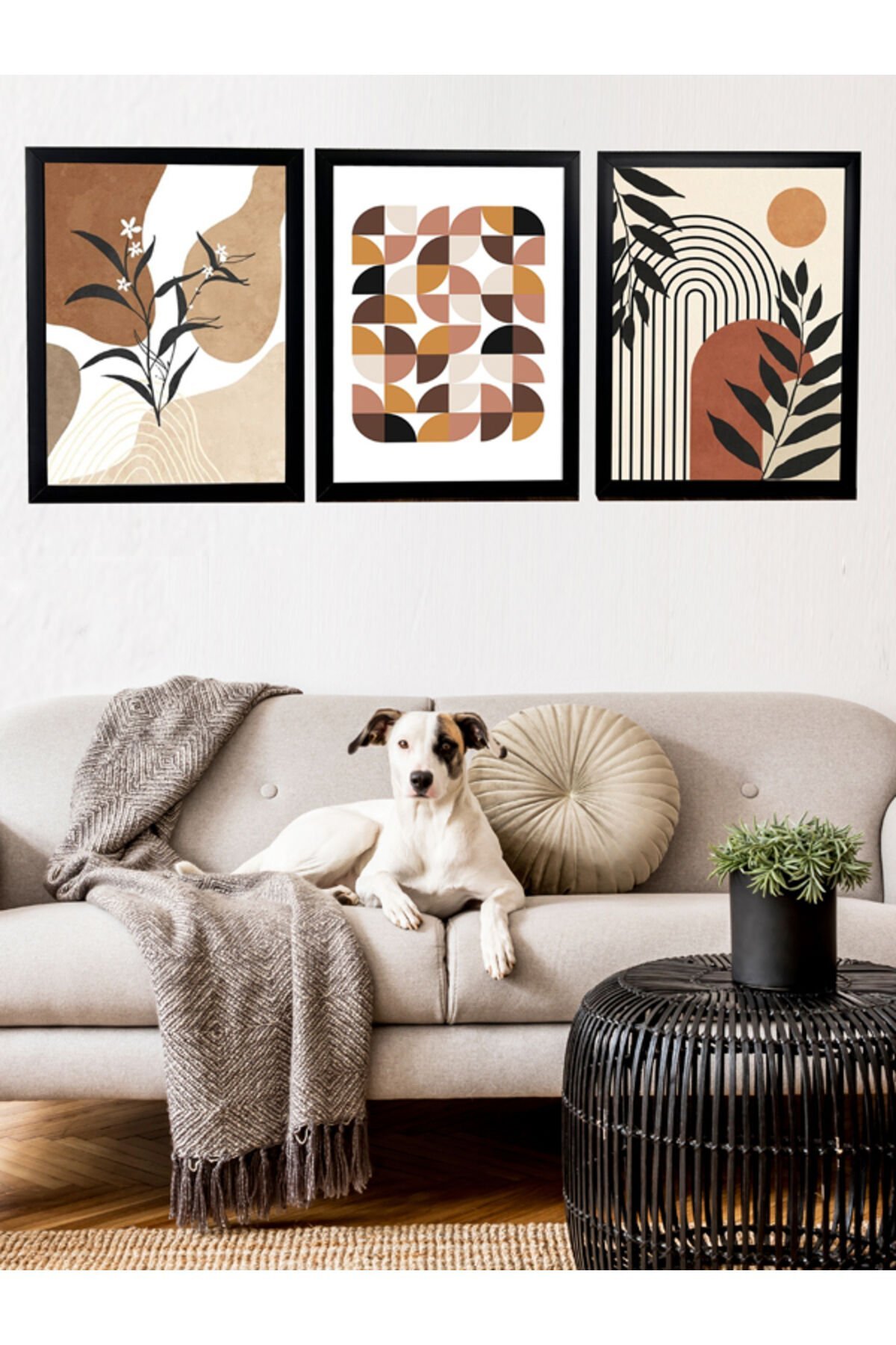 LİNWOOD Üçlü Çerçeveli MDF Baskı Natural Çiçek Yaprak Lamine Siyah Çerçeve