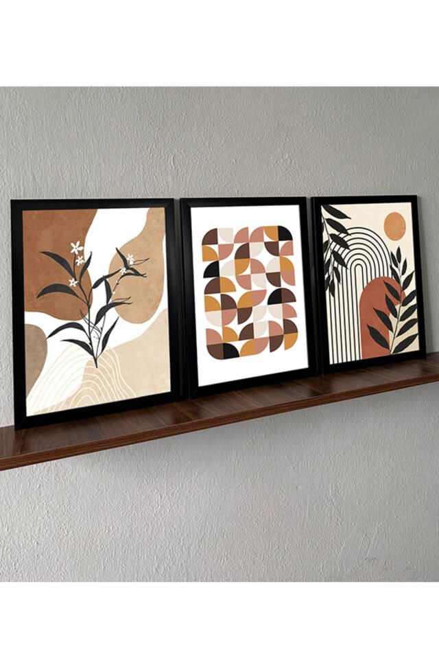 LİNWOOD Üçlü Çerçeveli MDF Baskı Natural Çiçek Yaprak Lamine Siyah Çerçeve