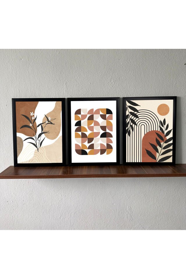 LİNWOOD Üçlü Çerçeveli MDF Baskı Natural Çiçek Yaprak Lamine Siyah Çerçeve