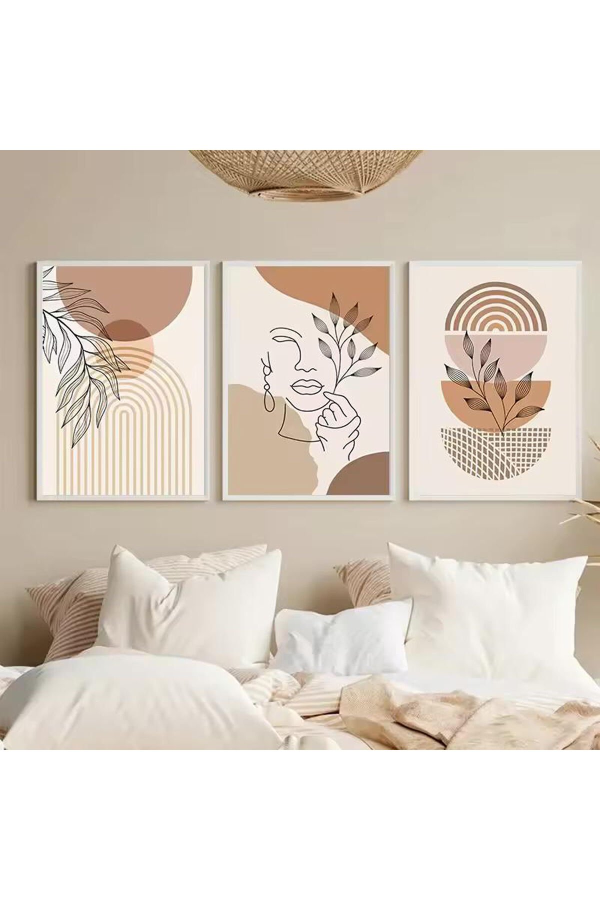 3lü Beyaz Metal Çerçeve Kahve Toprak Tonu Bohem Cam Tablo Seti