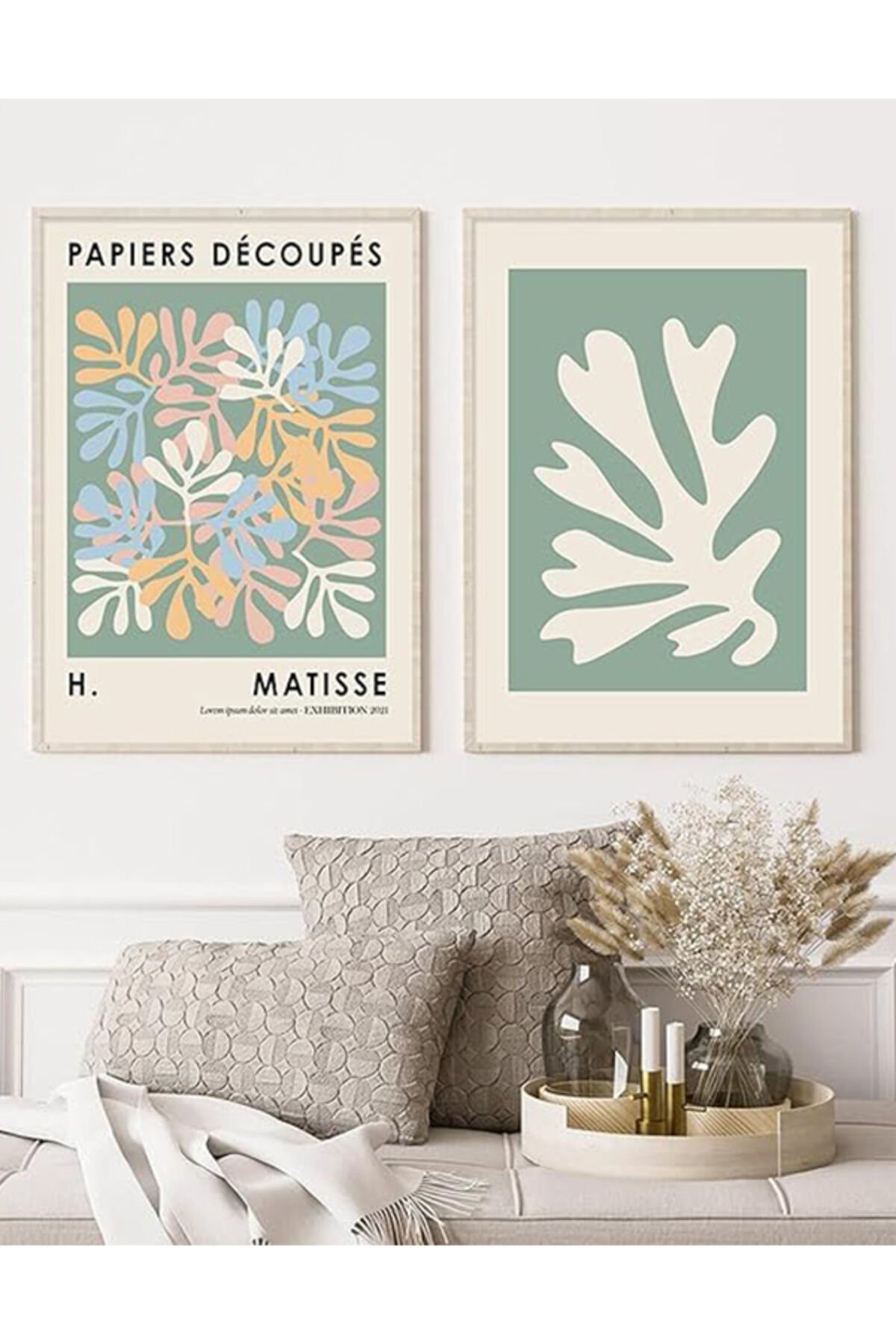 LİNWOOD  2li Çerçeveli MDF Baskı Matisse Yeşil Yaprak Natural Lamine Ahşap Görünümlü