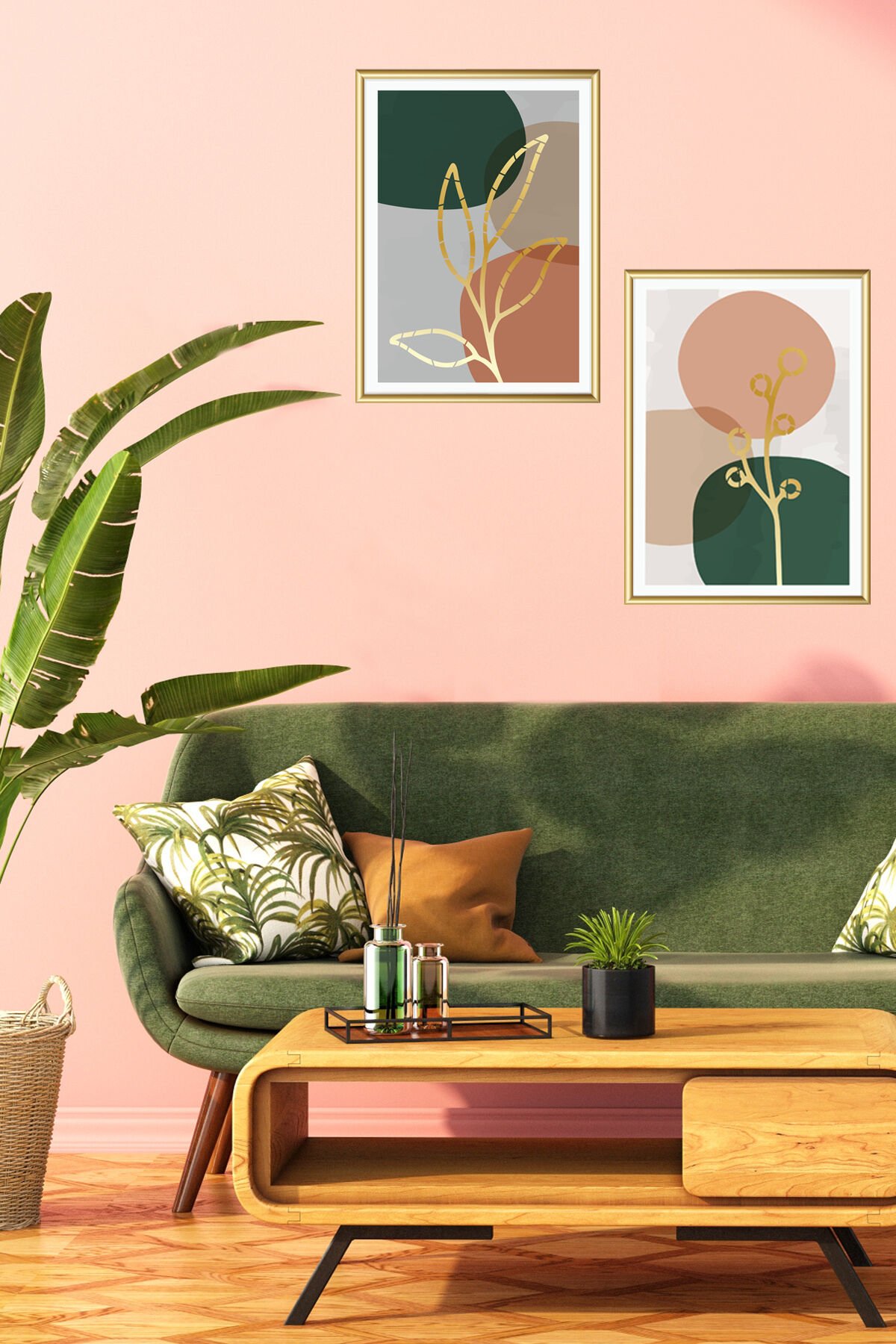 Ikili Alüminyum Pembe Yeşil Gold Camlı Çerçeveli Poster Seti