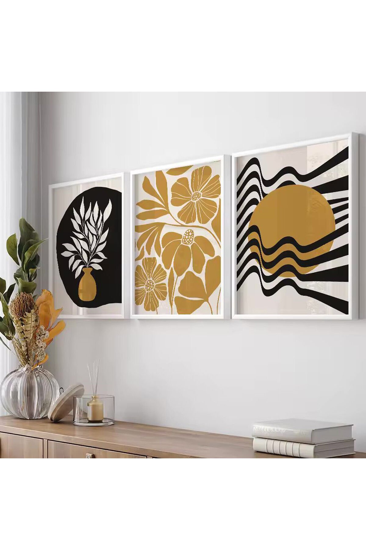 3lü Beyaz Metal Çerçeve Bohem Hardal Siyah Cam Tablo Seti