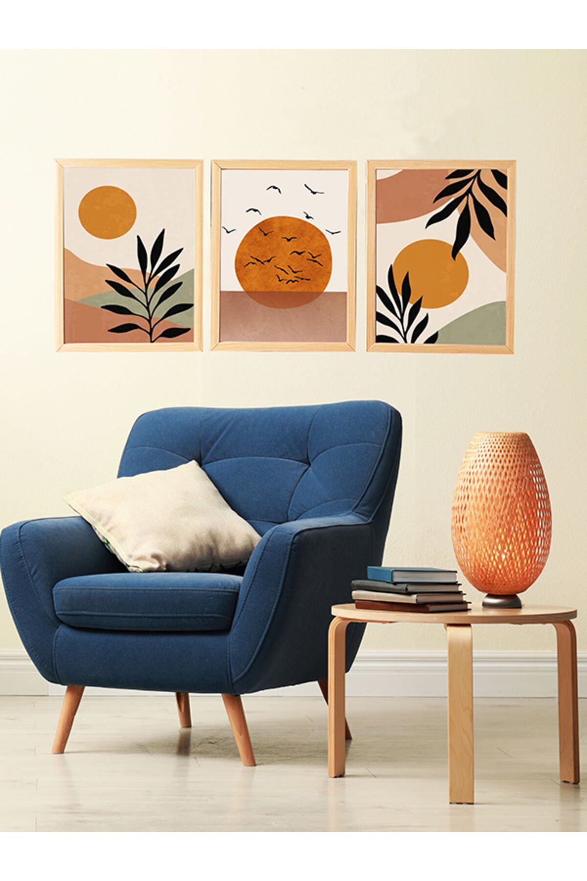 LİNWOOD Üçlü Çerçeveli MDF Baskı Turuncu Kahve Natural Lamine Ahşap Görünümlü