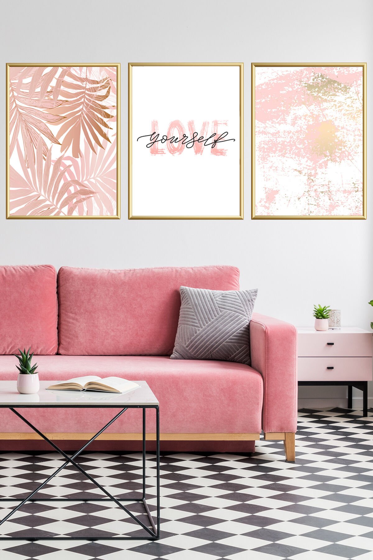 Üçlü Pembe Love Gold Camlı Alüminyum Çerçeveli Set