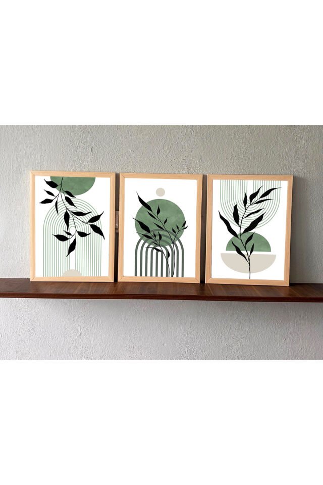 LİNWOOD Üçlü Çerçeveli MDF Baskı Yeşil Yaprak Geometrik Natural Lamine Ahşap Görünümlü