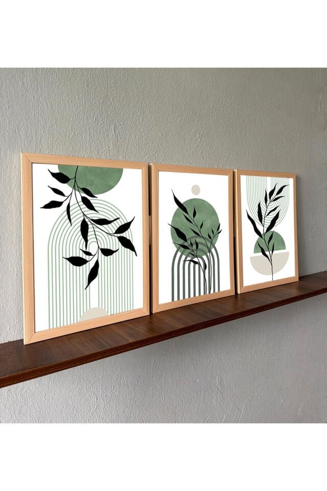 LİNWOOD Üçlü Çerçeveli MDF Baskı Yeşil Yaprak Geometrik Natural Lamine Ahşap Görünümlü