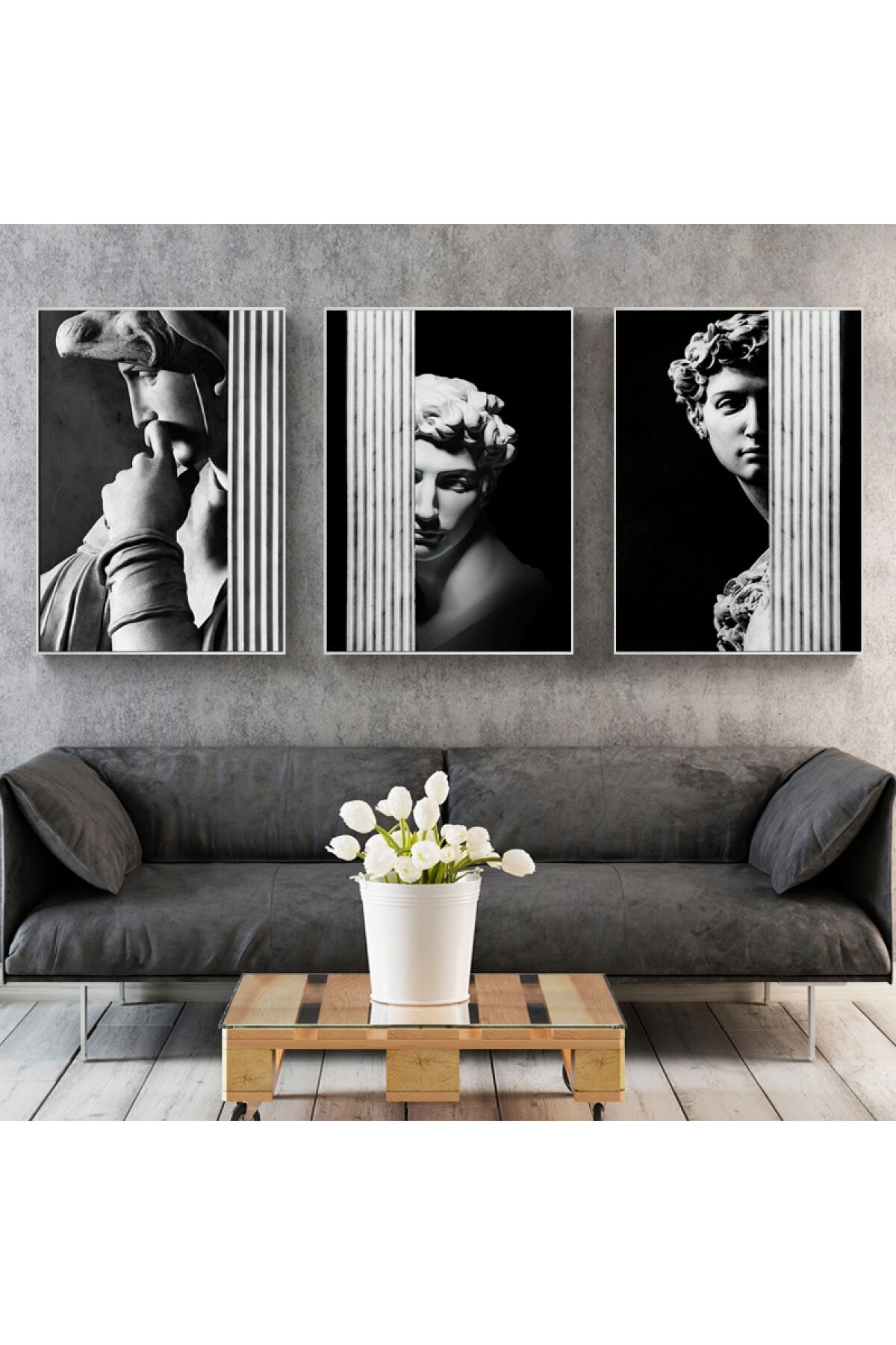 Üçlü Gümüş Alüminyum Metal Çerçeve Heykel Sanatsal Camlı Tablo Seti