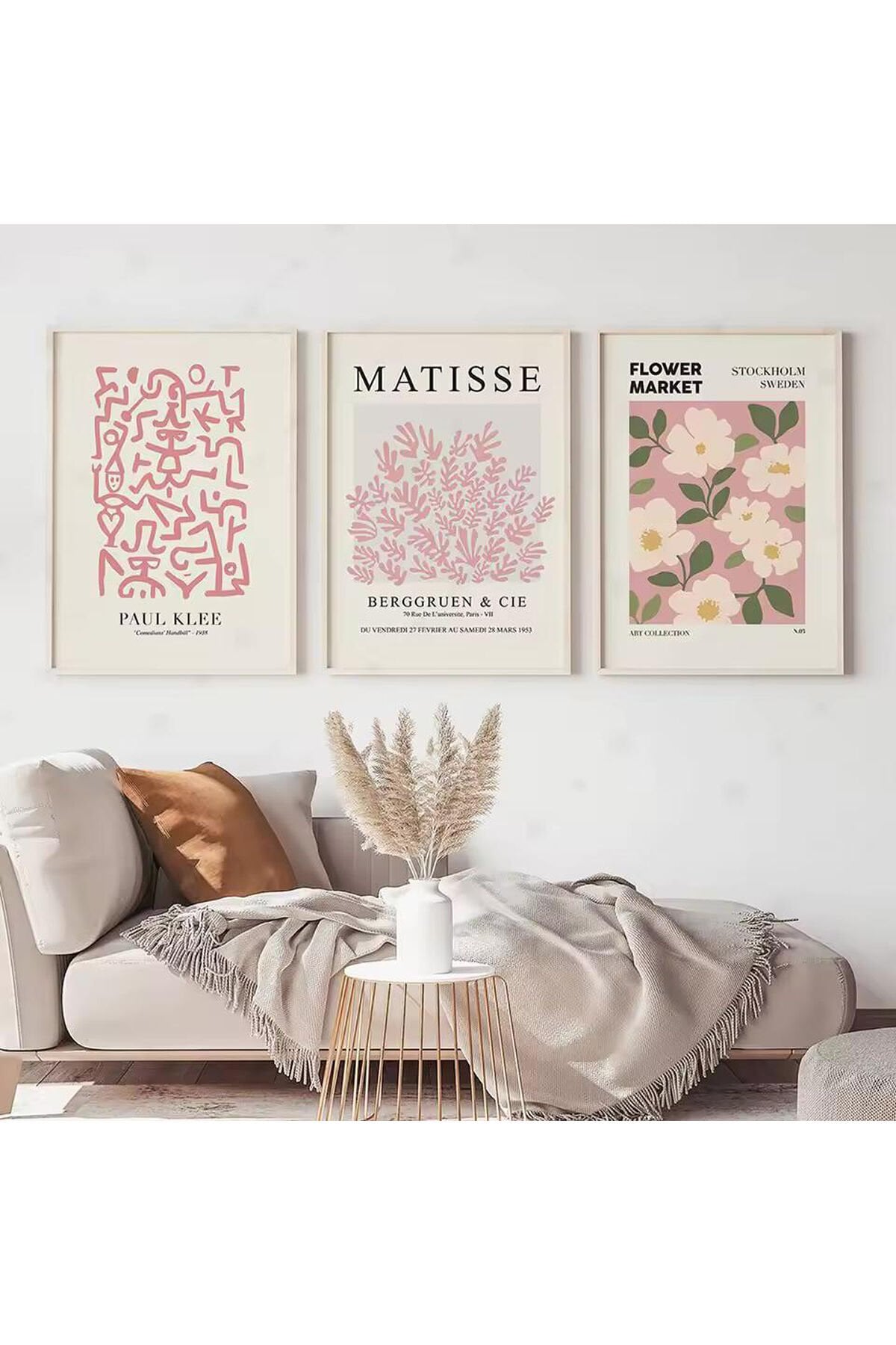 3lü Beyaz Metal Çerçeve Toz Pembe Pudra Bohem Cam Tablo Seti