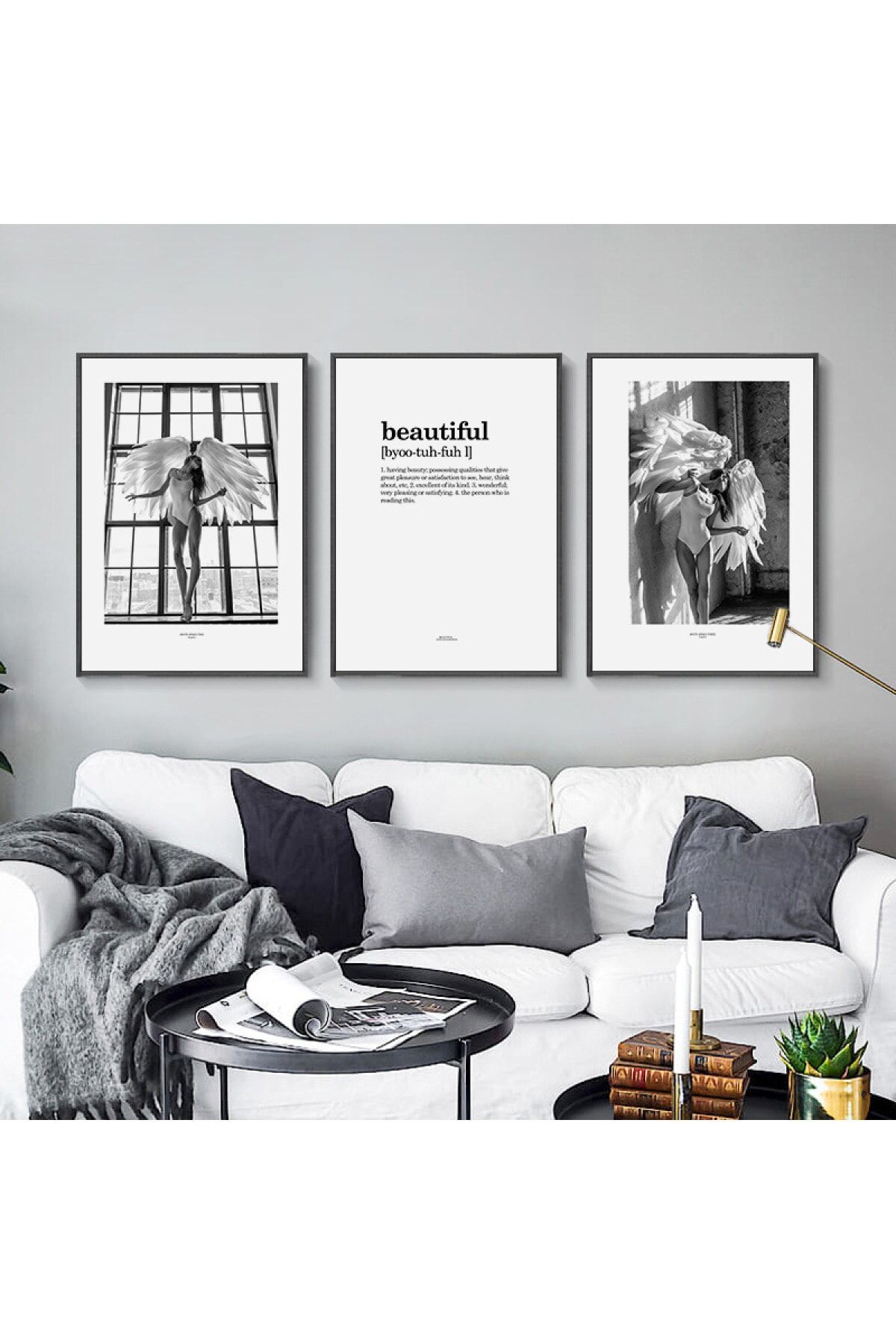 Üçlü Siyah Alüminyum Metal Çerçeveli Melekler Motto Güzel Camlı Poster Tablo Seti