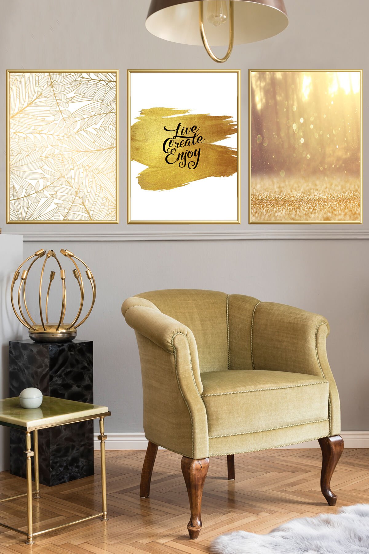 Üçlü Gold Metal Camlı Motto Yazılı Alüminyum Çerçeveli Set