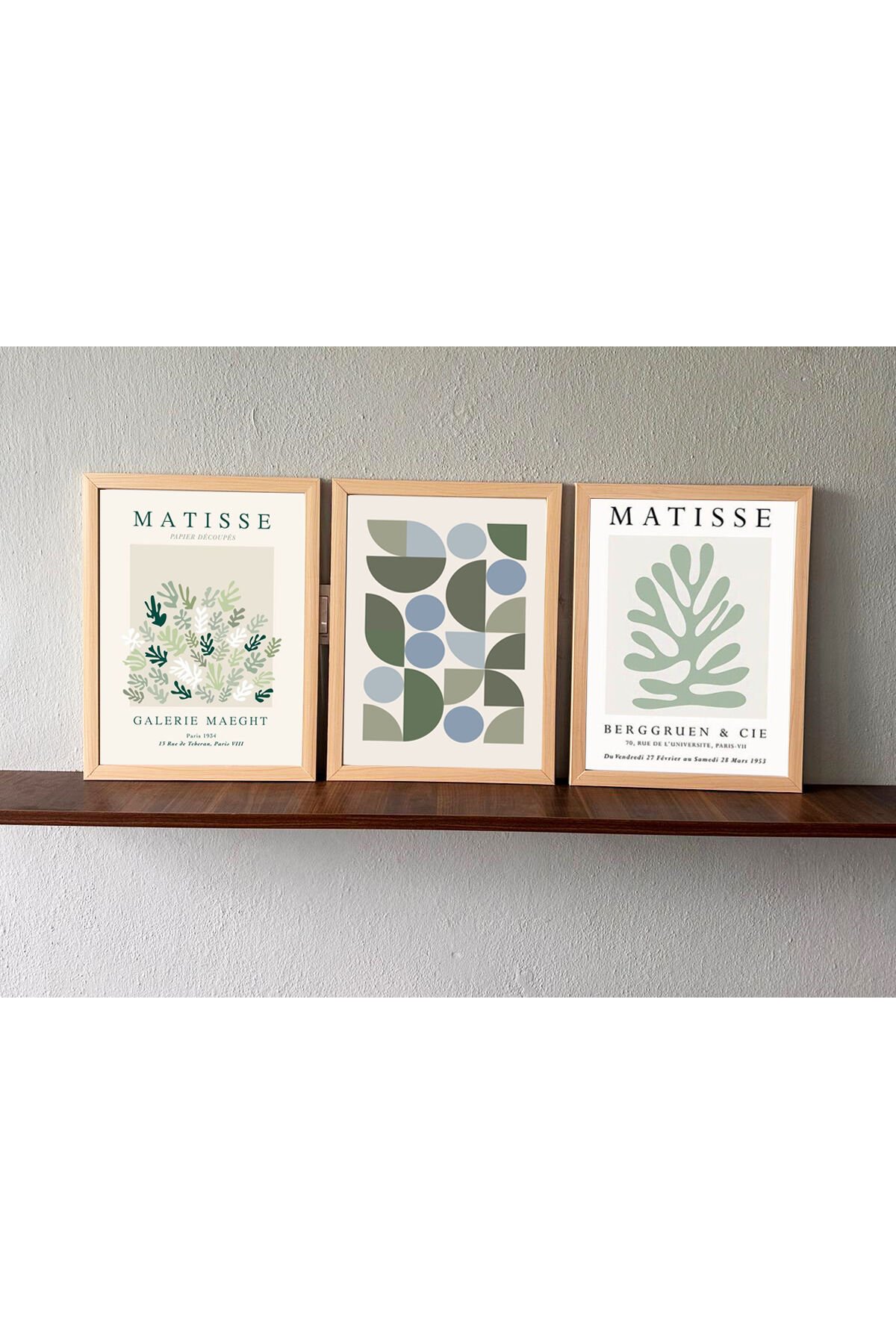 LİNWOOD Üçlü Çerçeveli MDF Matisse Yeşil Geometrik Natural Lamine Ahşap Görünümlü