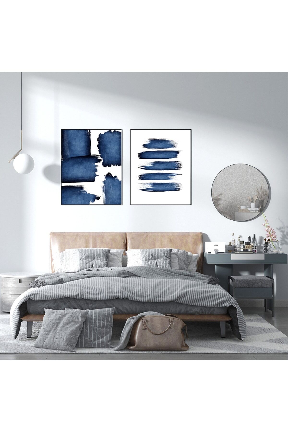 2li Gümüş Alüminyum Metal Mavi Beyaz Gerçek Camlı Tablo Seti