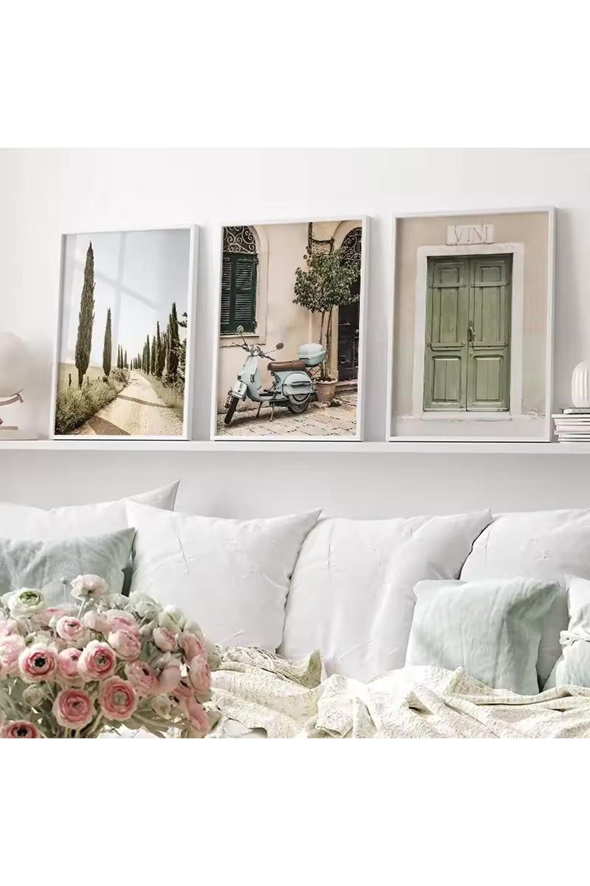 3lü Beyaz Metal Çerçeve Mimari Motor Yeşil Cam Tablo Seti